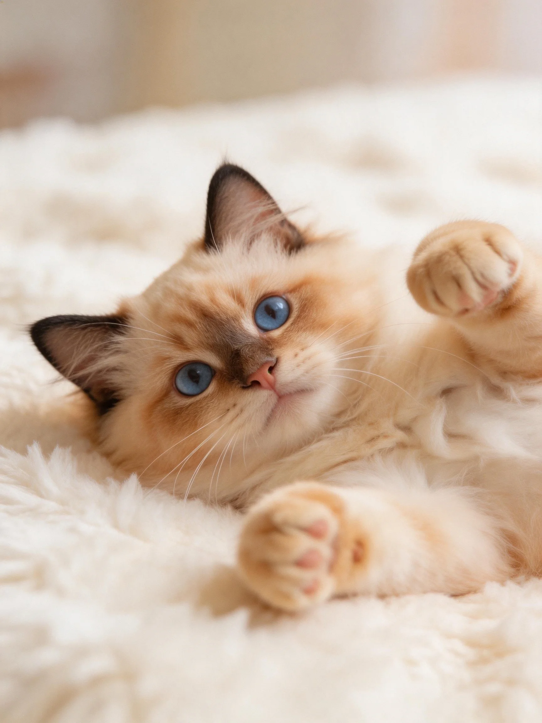 A cream - colored Ragdoll kitten with blue eyes lies on a soft white blanket