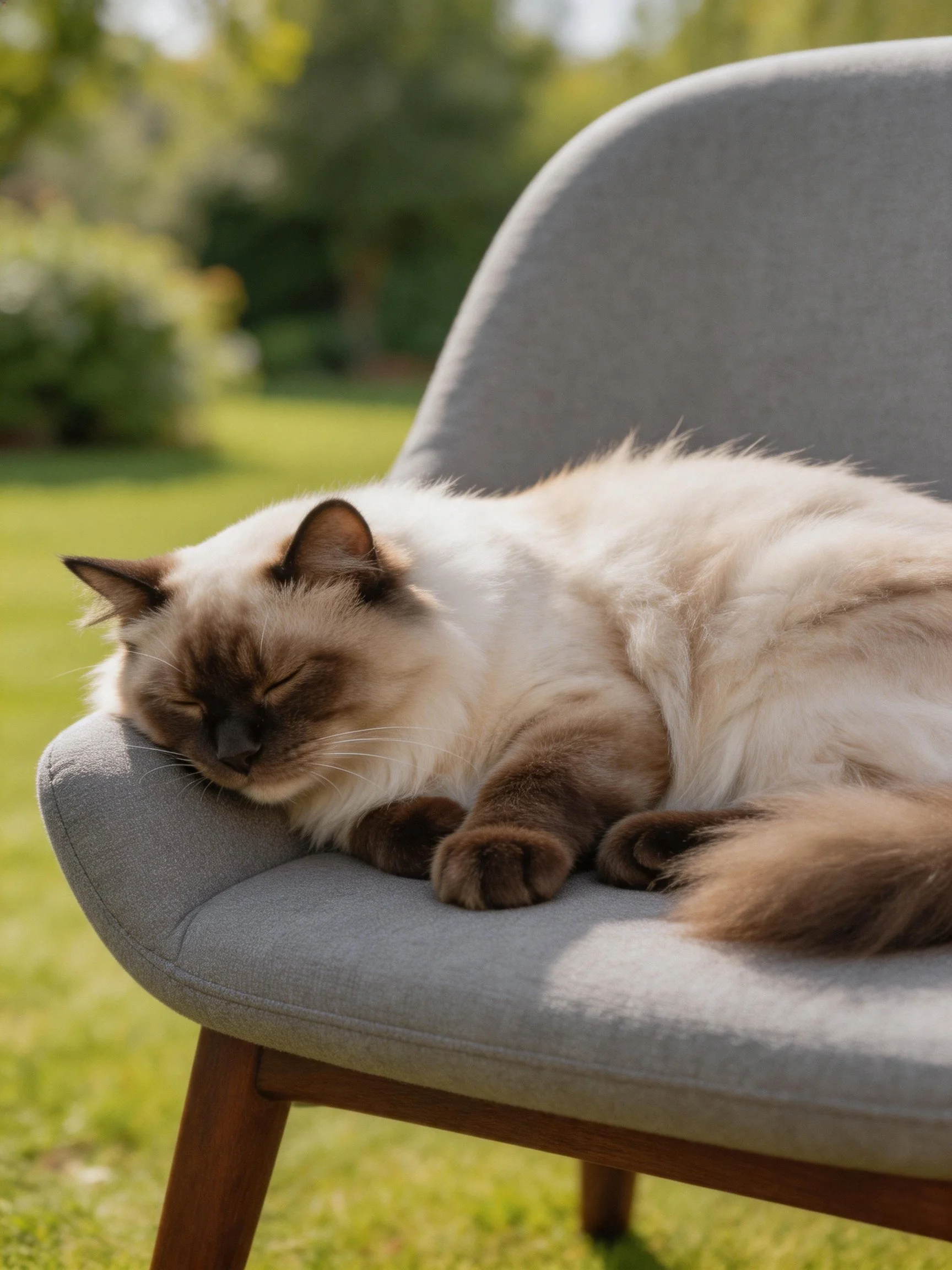 A cream - colored Siamese cat resting on a gray outdoor chair