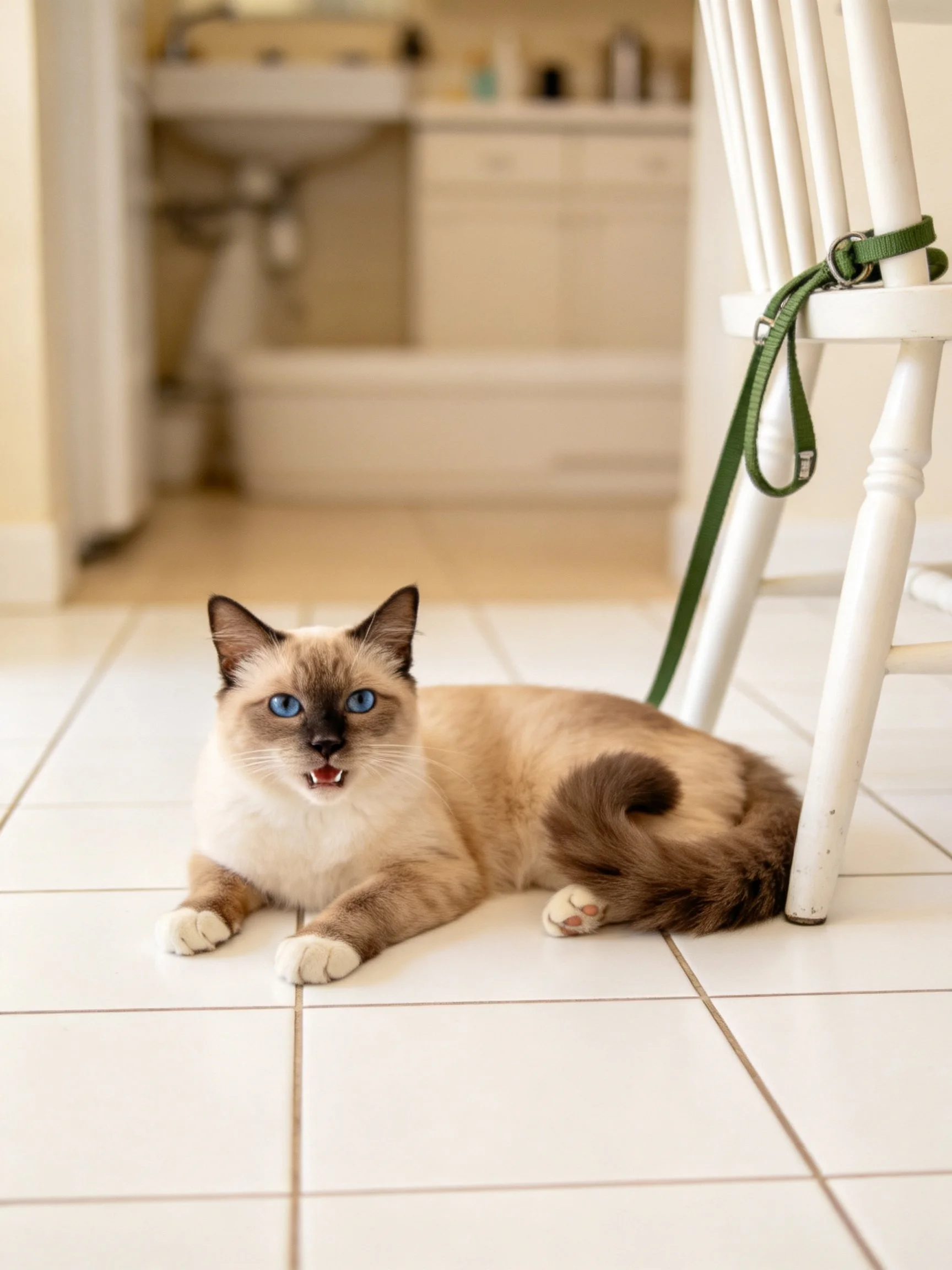 A cream - colored Siamese cat rests near a white chair with a green leash