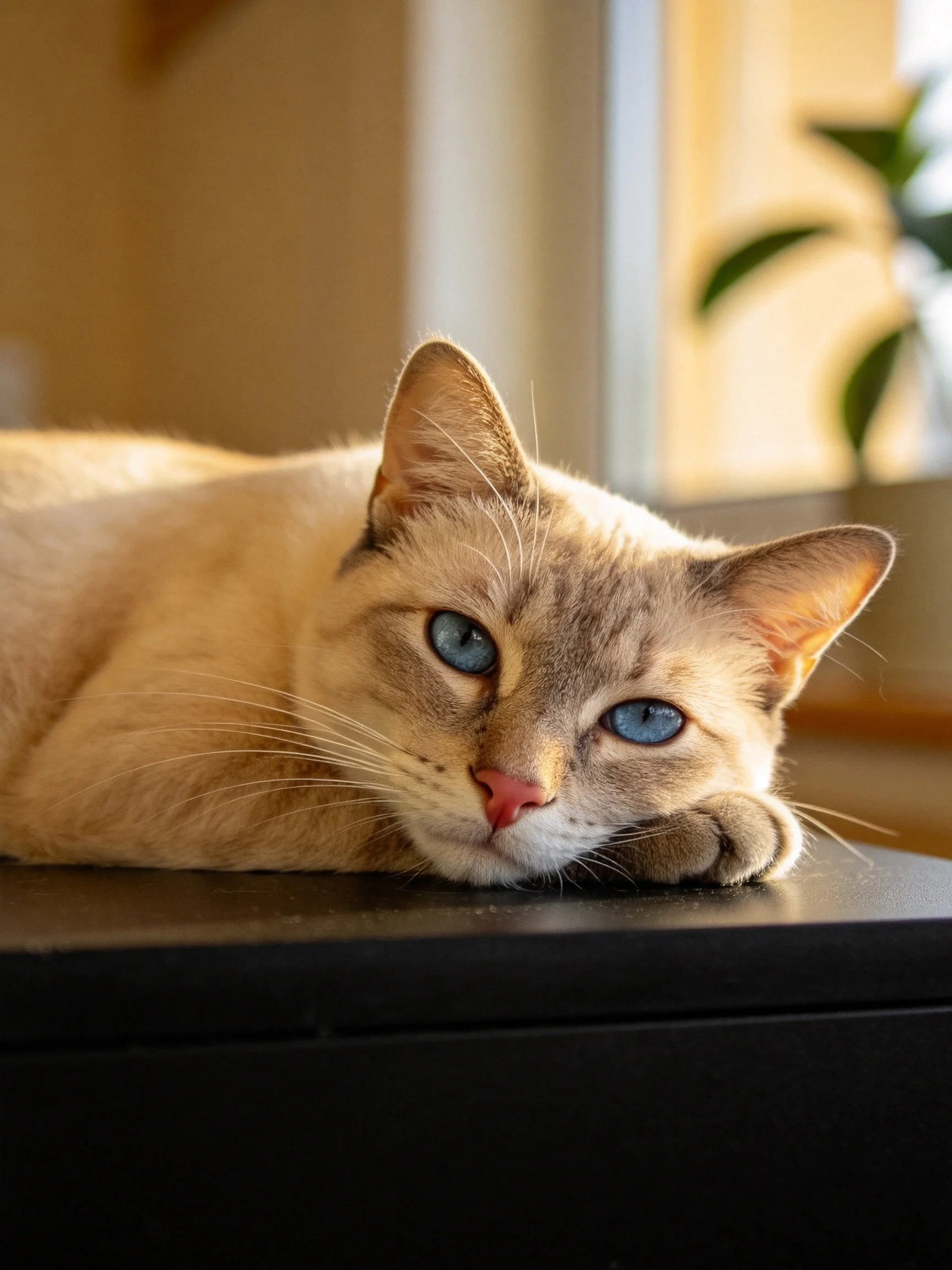 A cream - colored Siamese cat rests on a dark surface near a sunlit window
