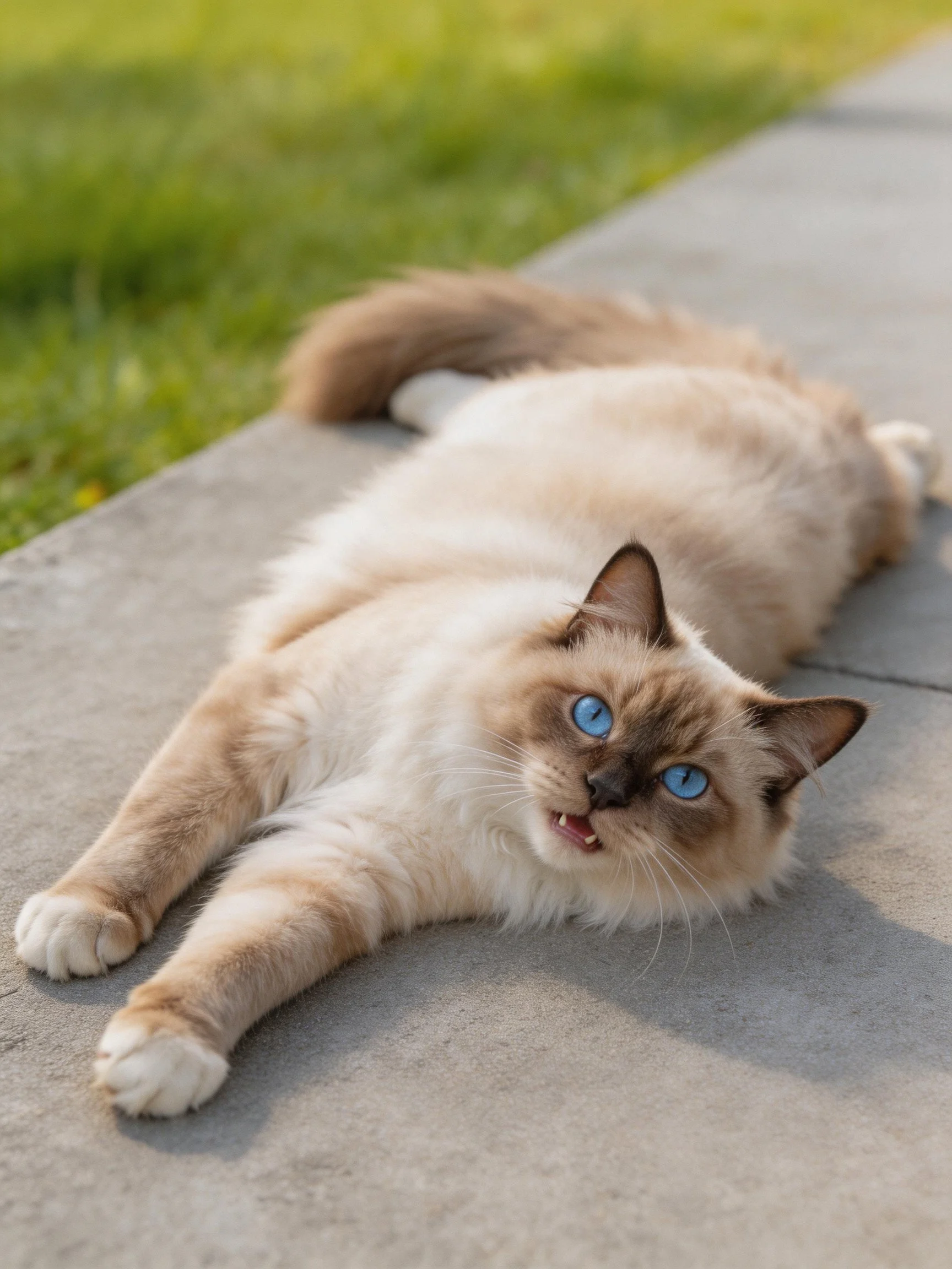 A cream - colored Siamese cat with bright blue eyes lies on concrete near green grass