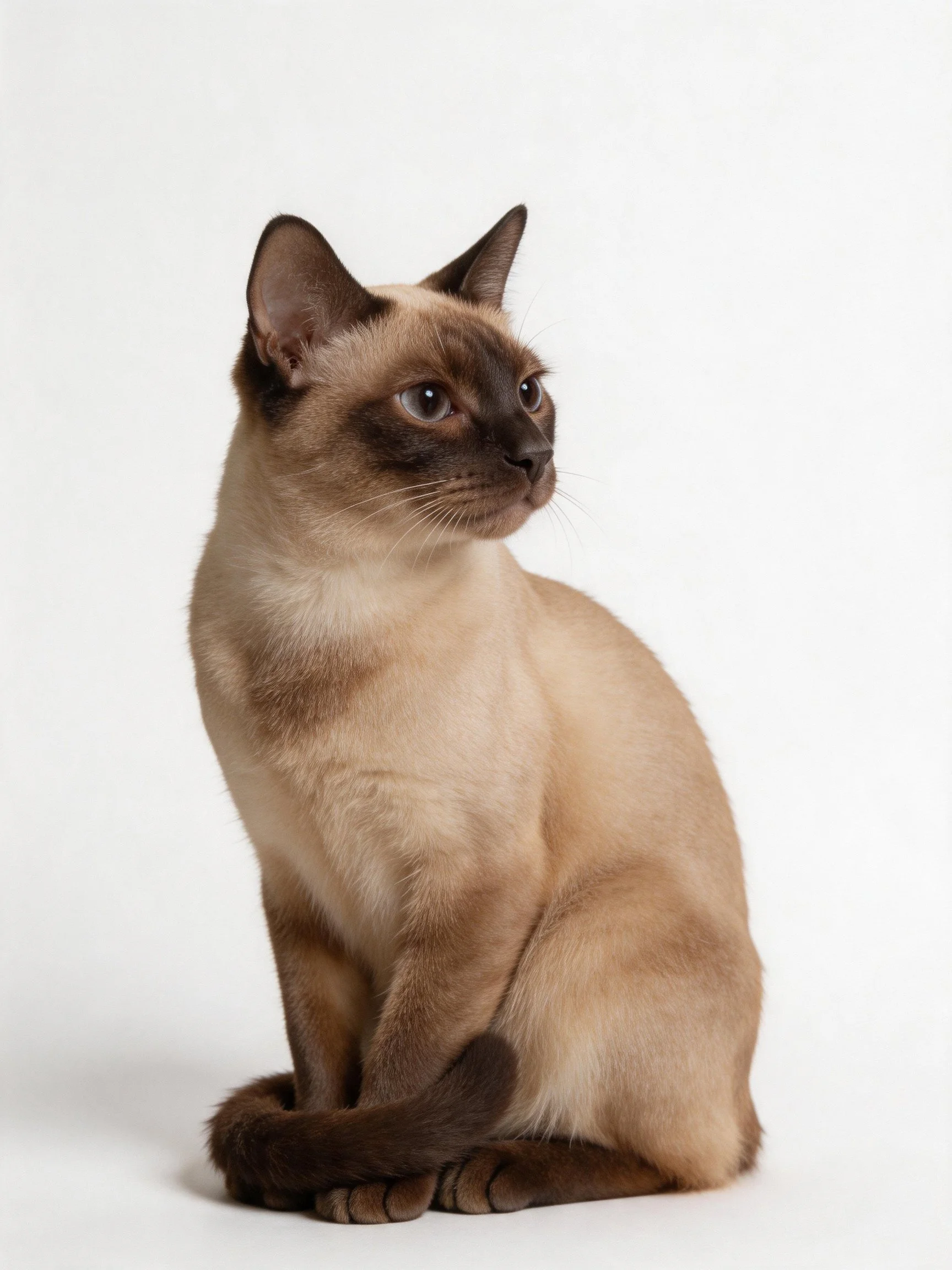 A cream-colored Siamese cat with dark brown facial markings sits attentively.