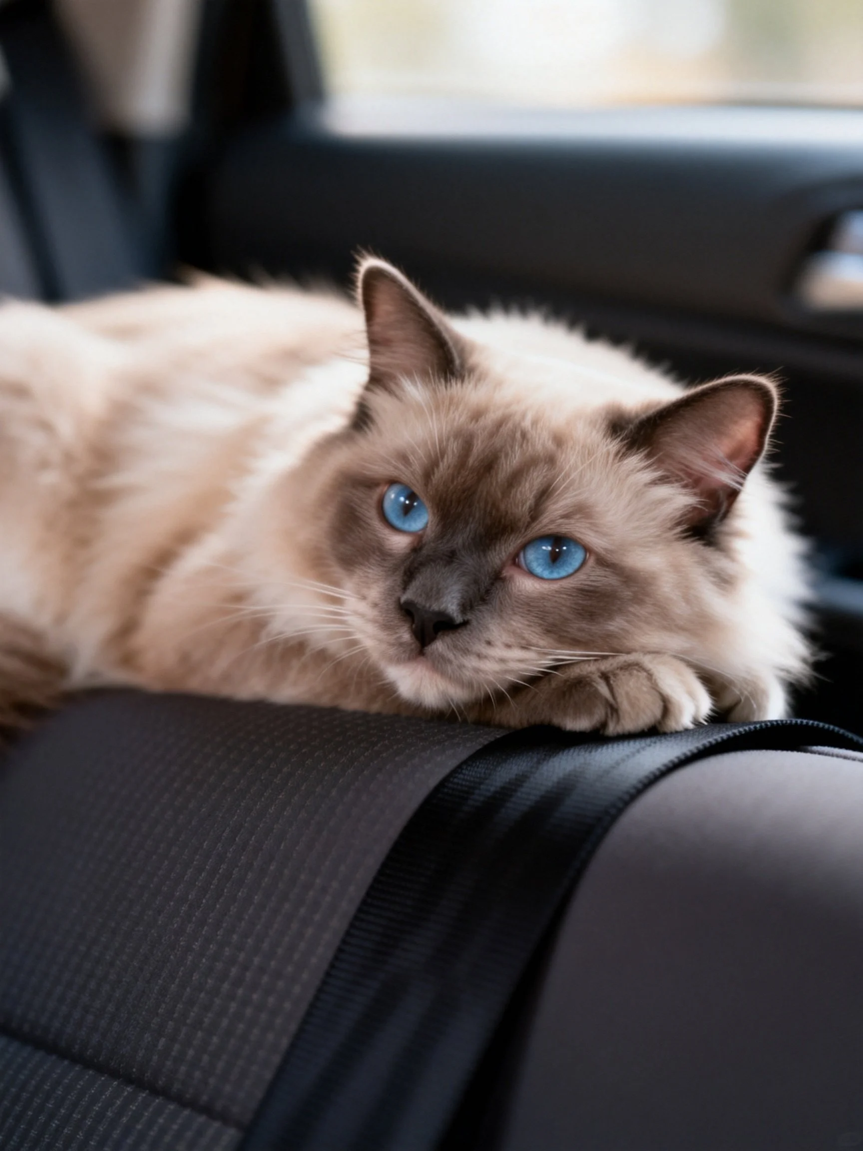 A cream - colored Siamese cat with striking blue eyes lies on a car seat.