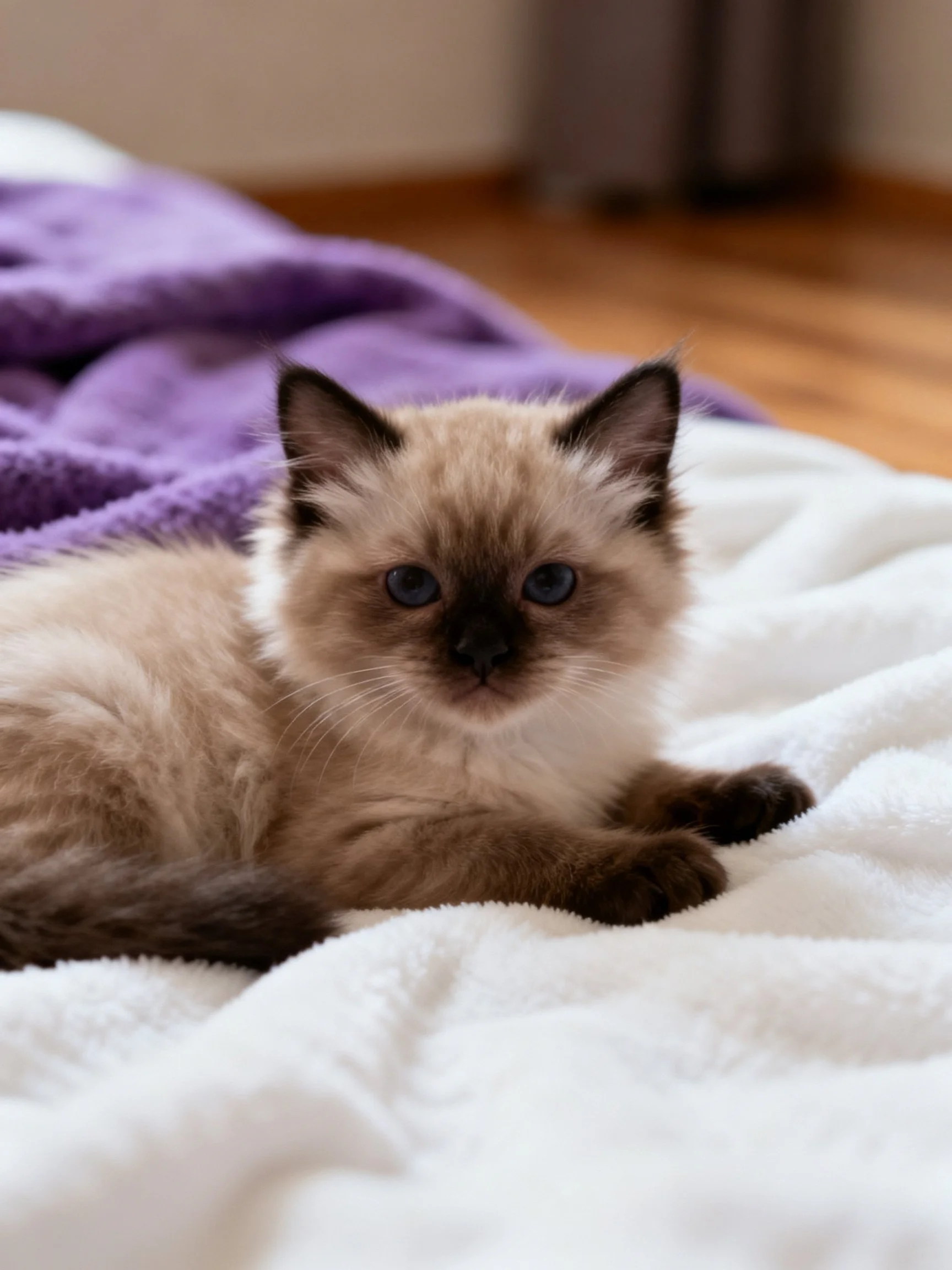 A cream - colored Siamese kitten relaxes on soft blankets indoors.