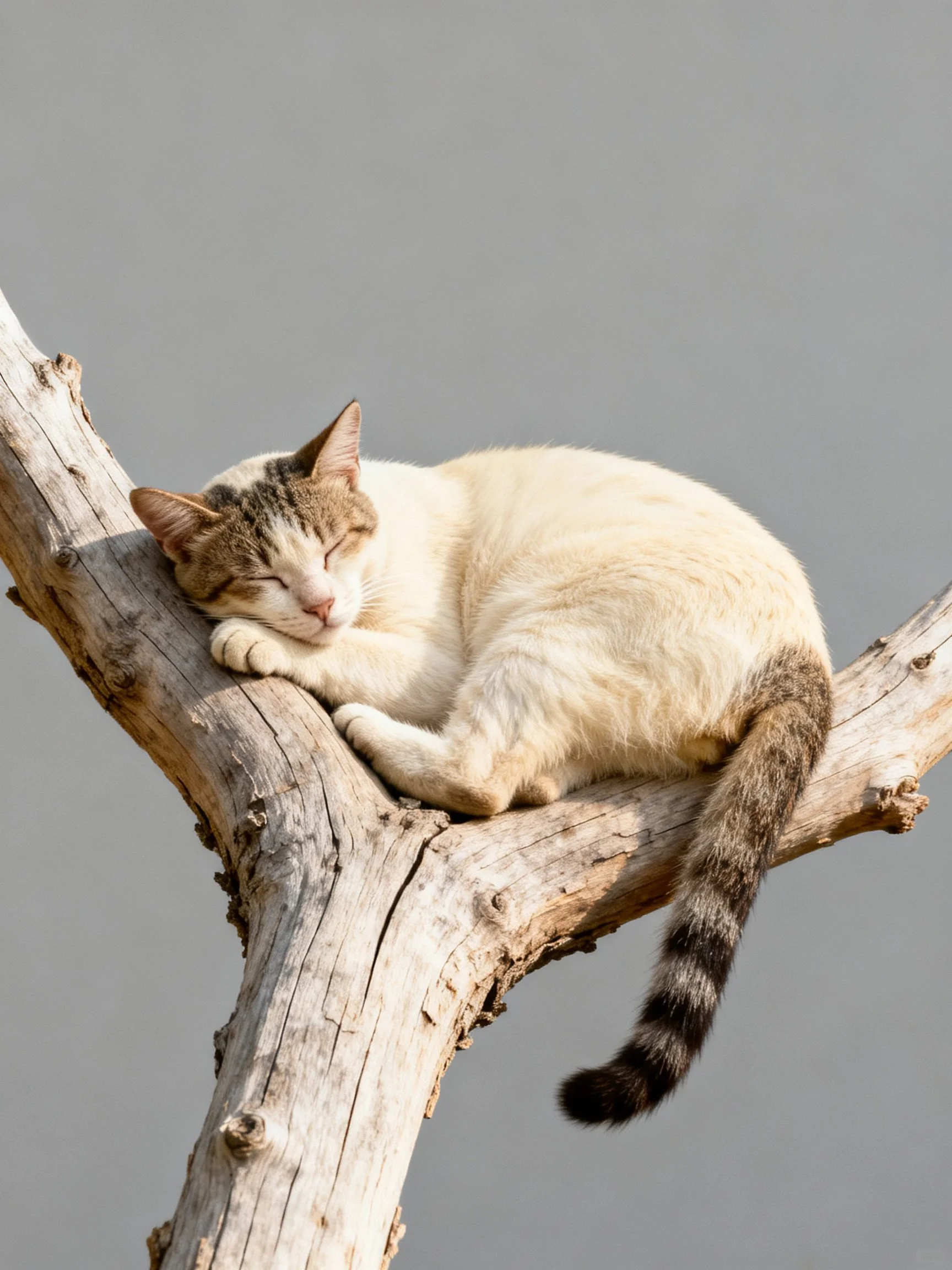 A cream - colored cat naps on a weathered tree branch