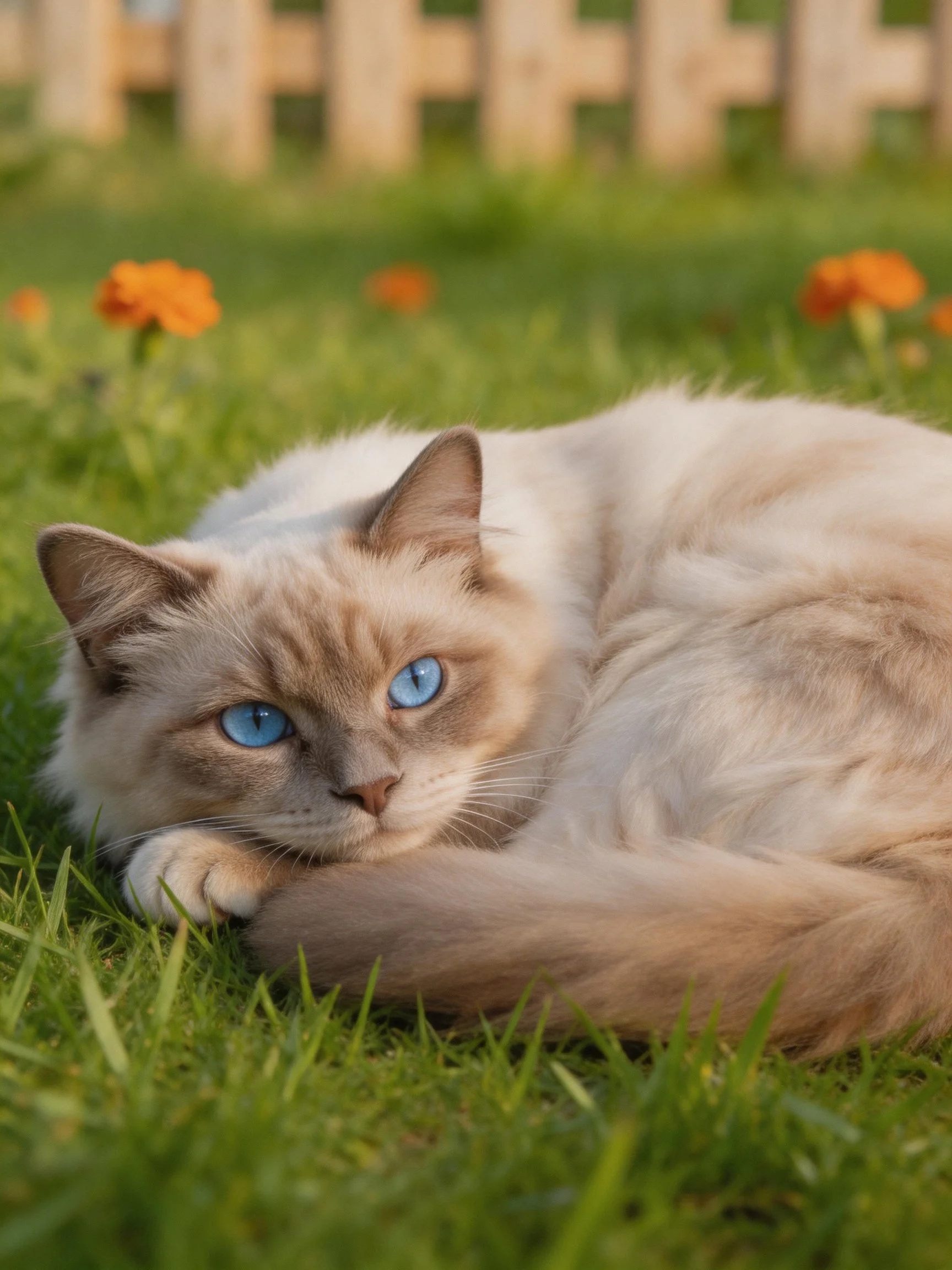 A cream - colored cat rests on lush grass near orange blooms