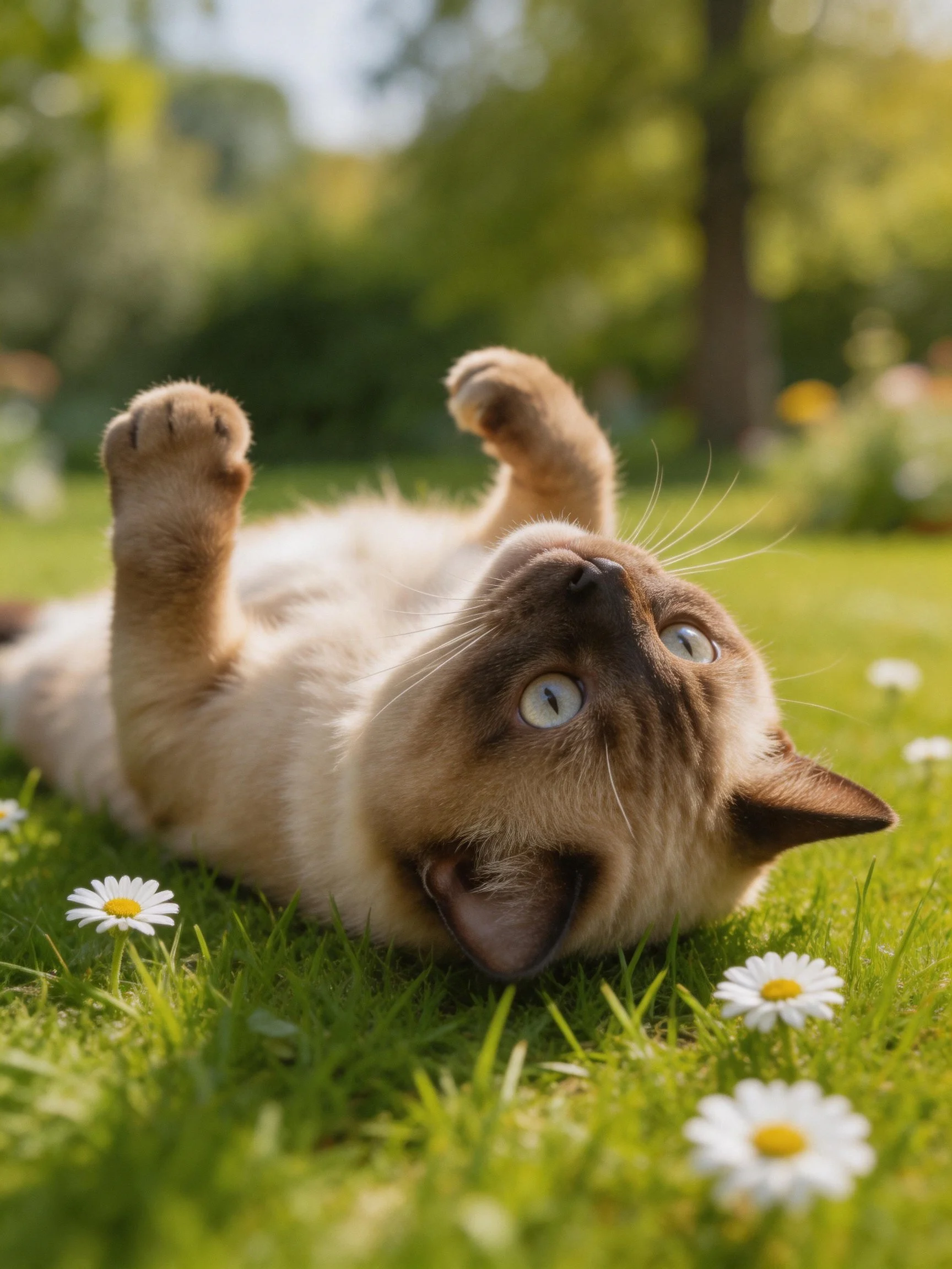 A cream - colored cat rolls on lush green grass amid white daisies