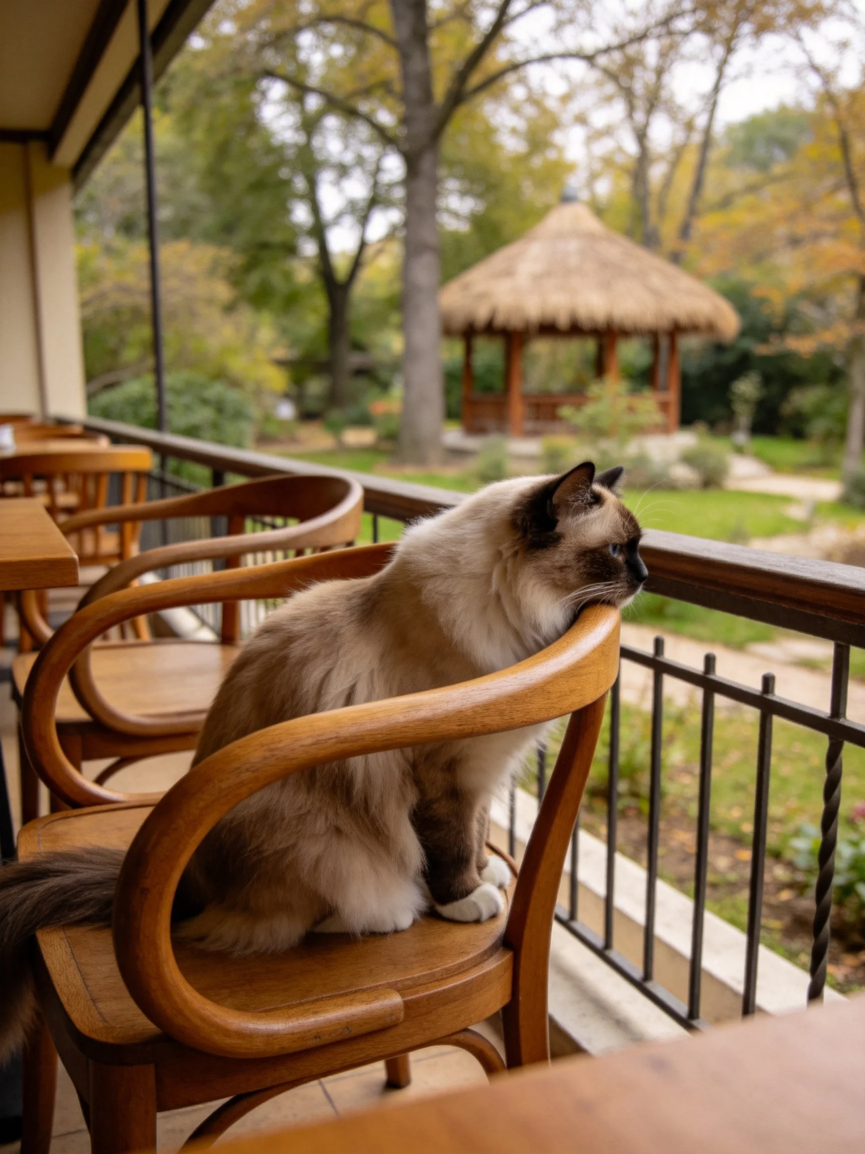 A cream - colored cat sits on a wooden chair near an outdoor gazebo