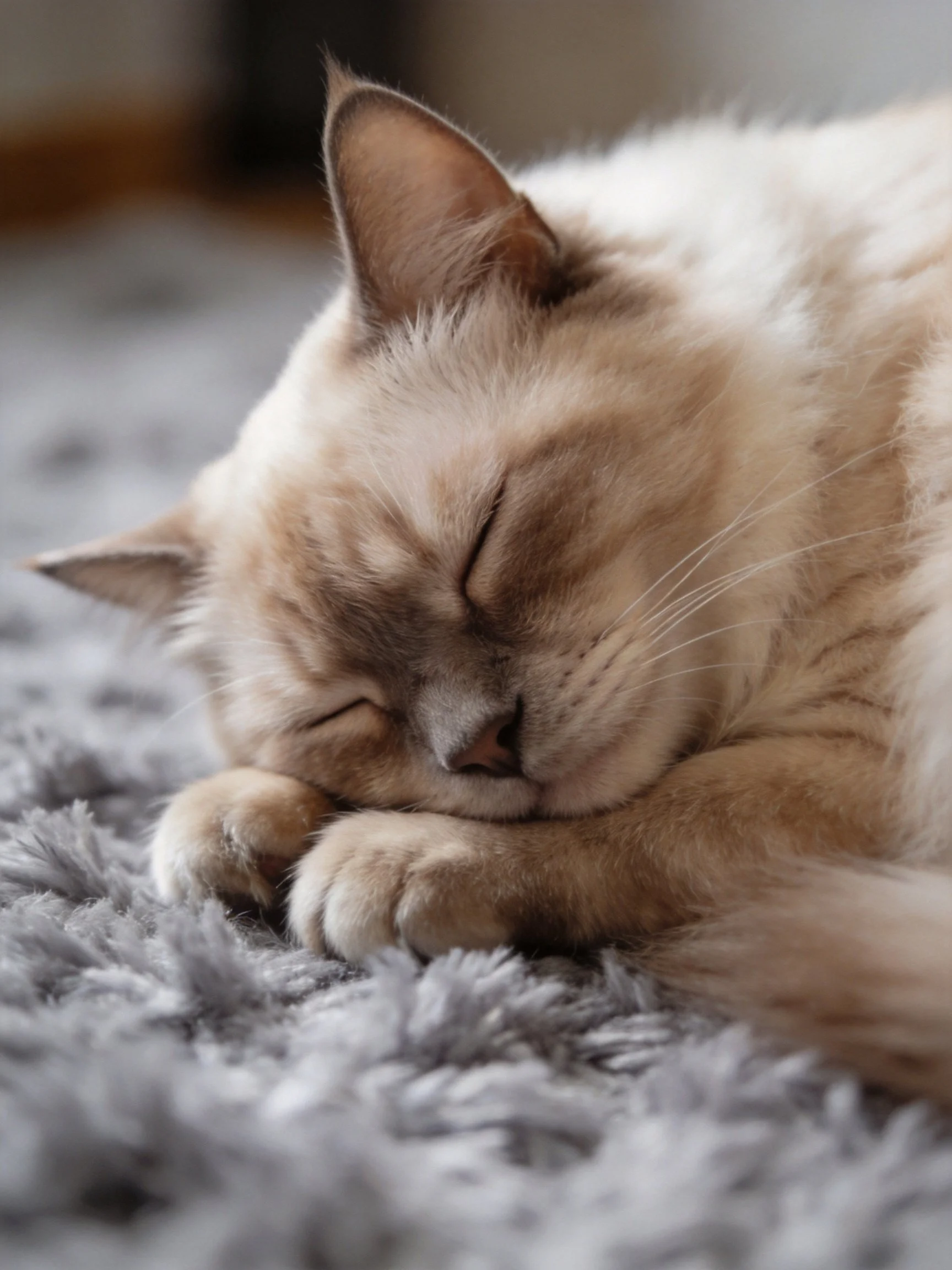 A cream-colored cat sleeping on a gray shaggy carpet