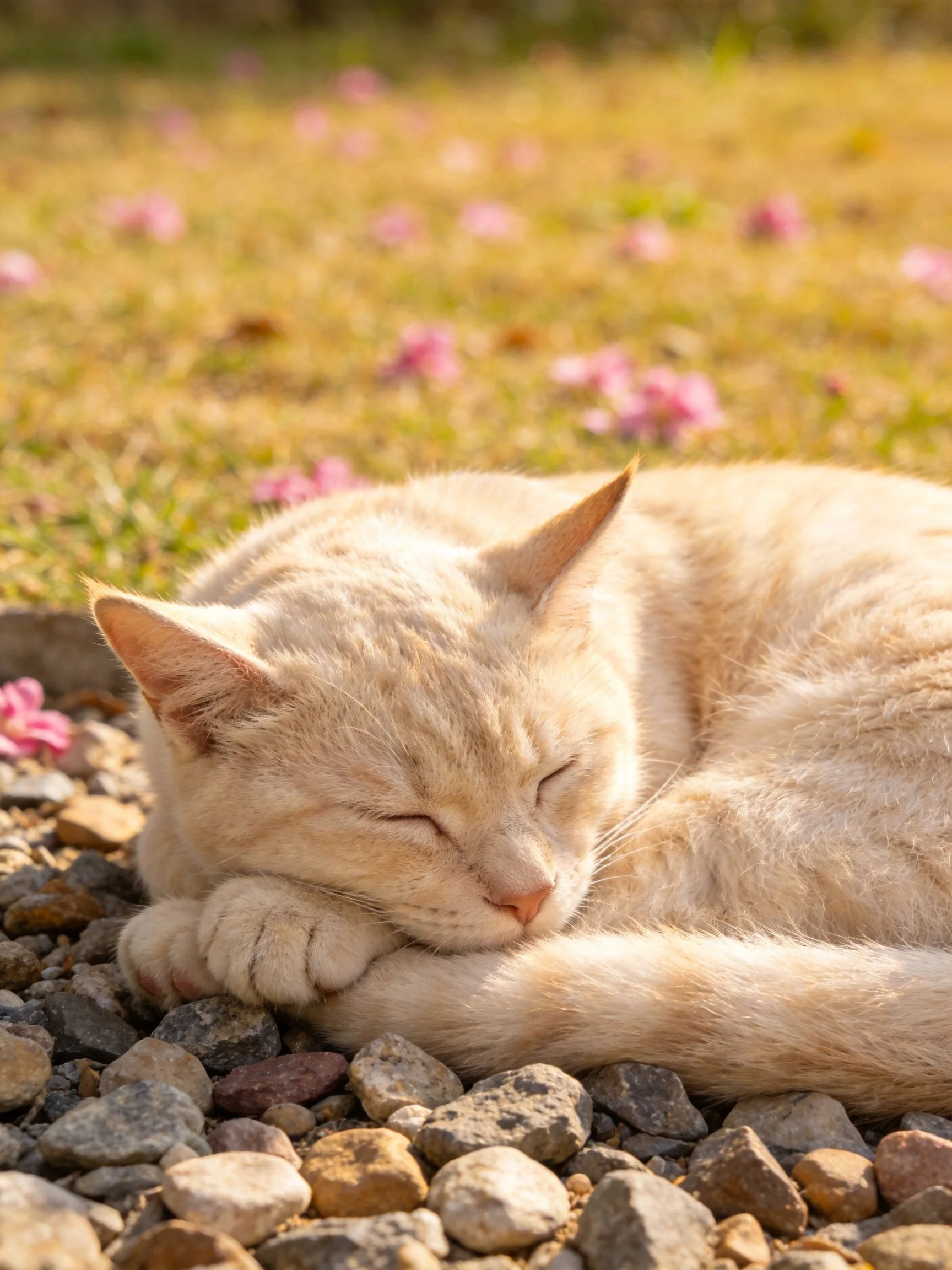 A cream - colored cat sleeps on pebbly ground near pink - flowered grass
