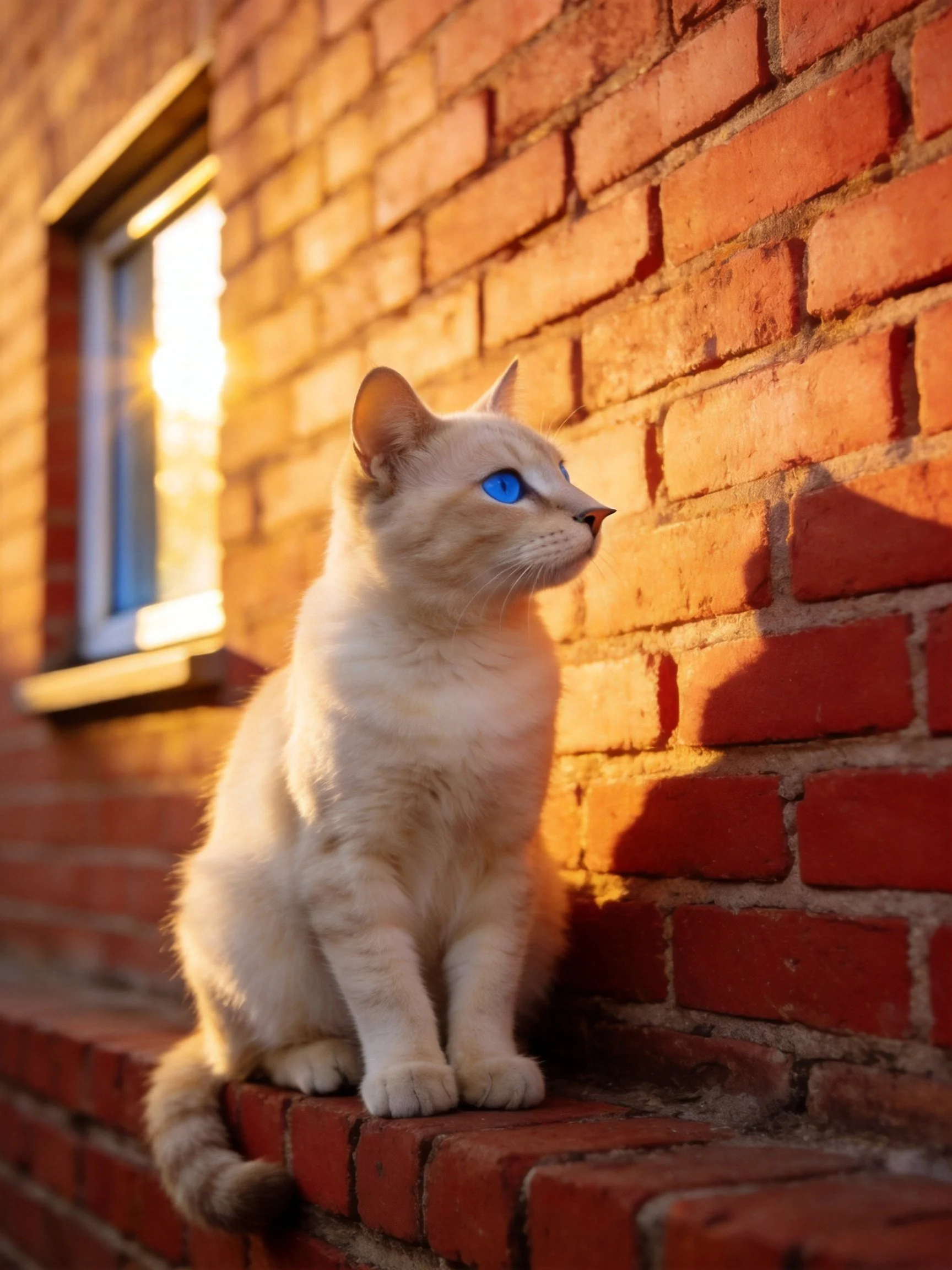 A cream - colored cat with bright blue eyes sits by a red brick wall at sunset