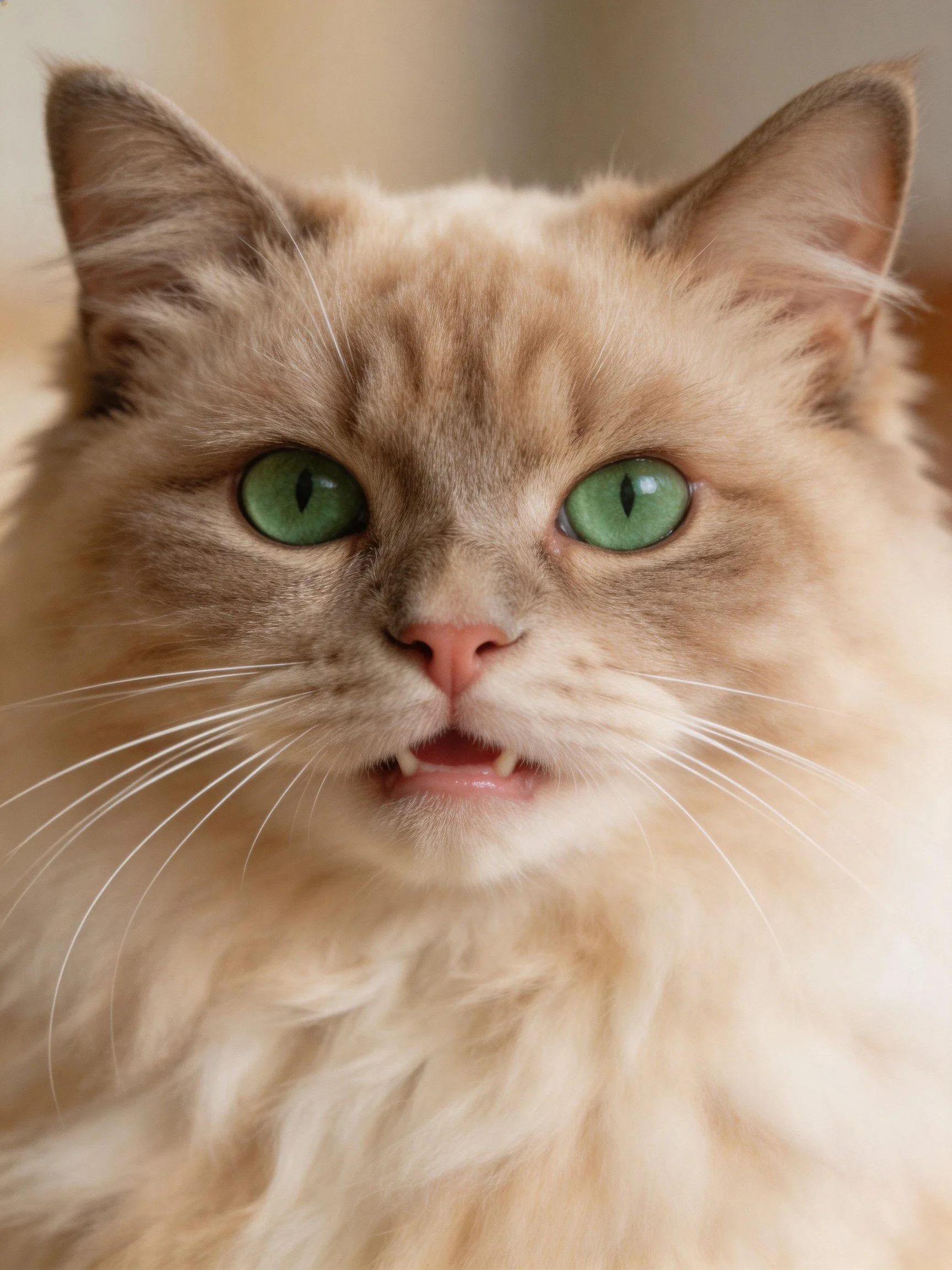 A close - up of a cream - colored cat with striking green eyes.