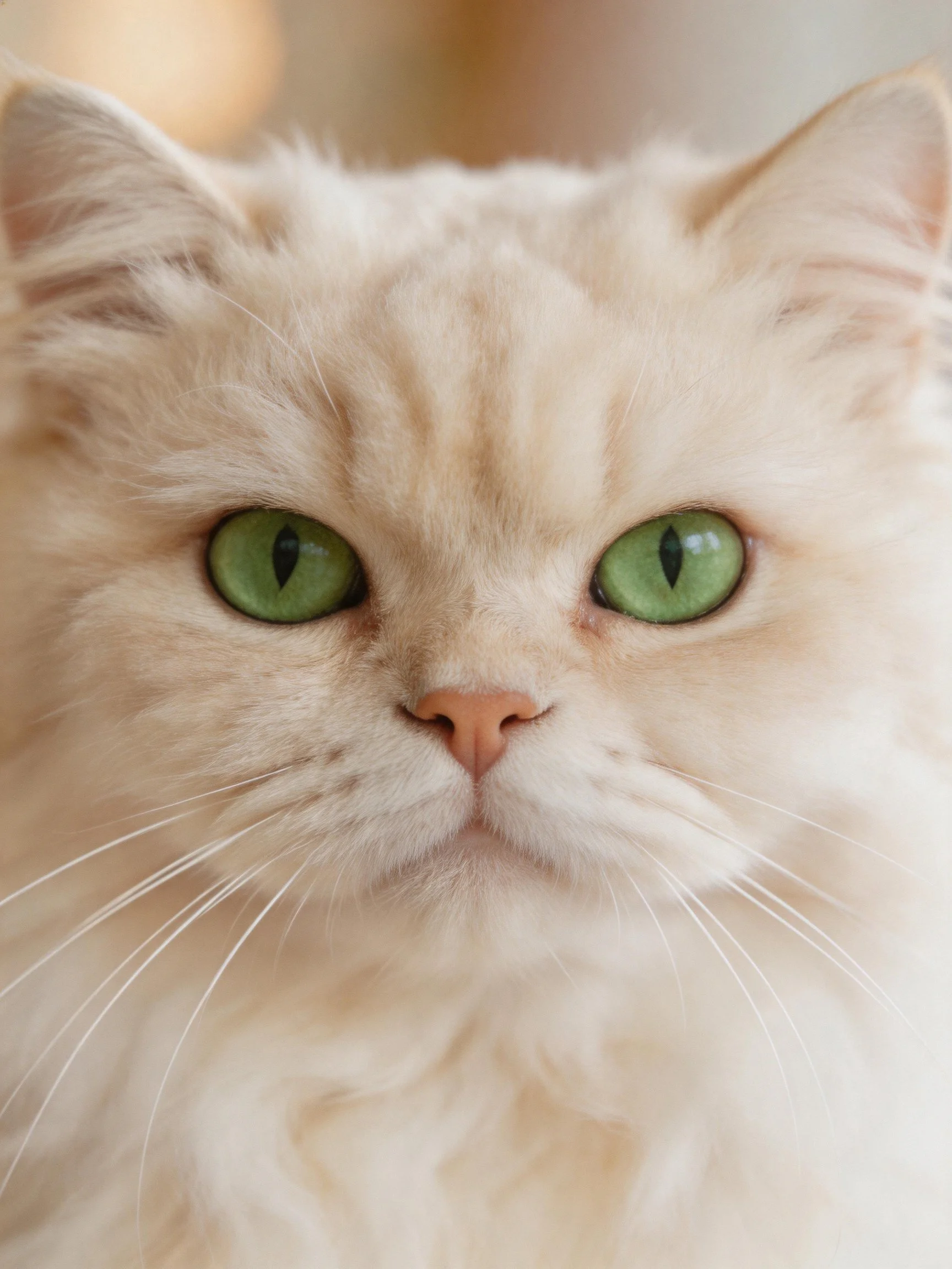 A cream - colored cat with bright green eyes