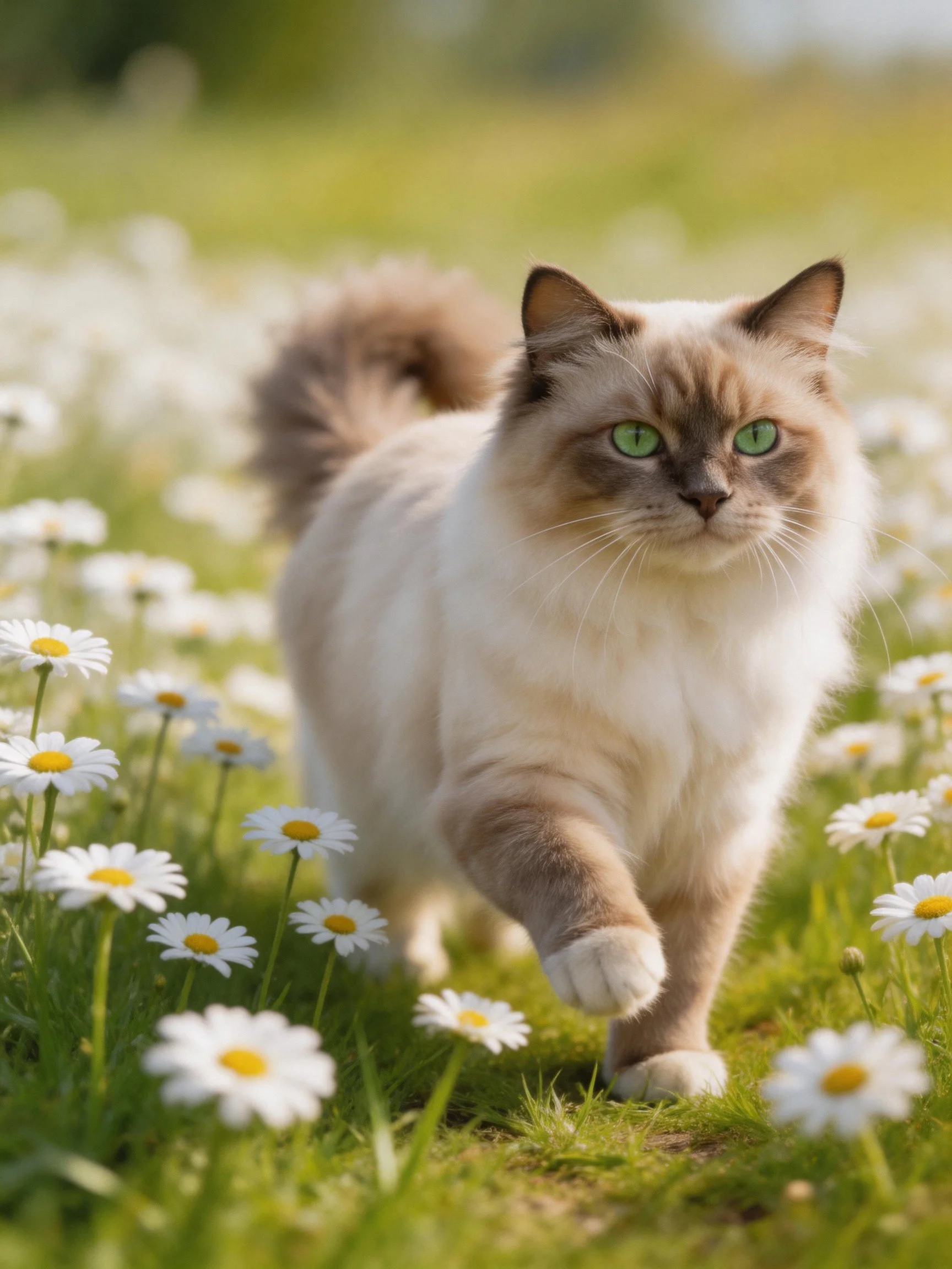 A cat with green eyes walks through a daisy field