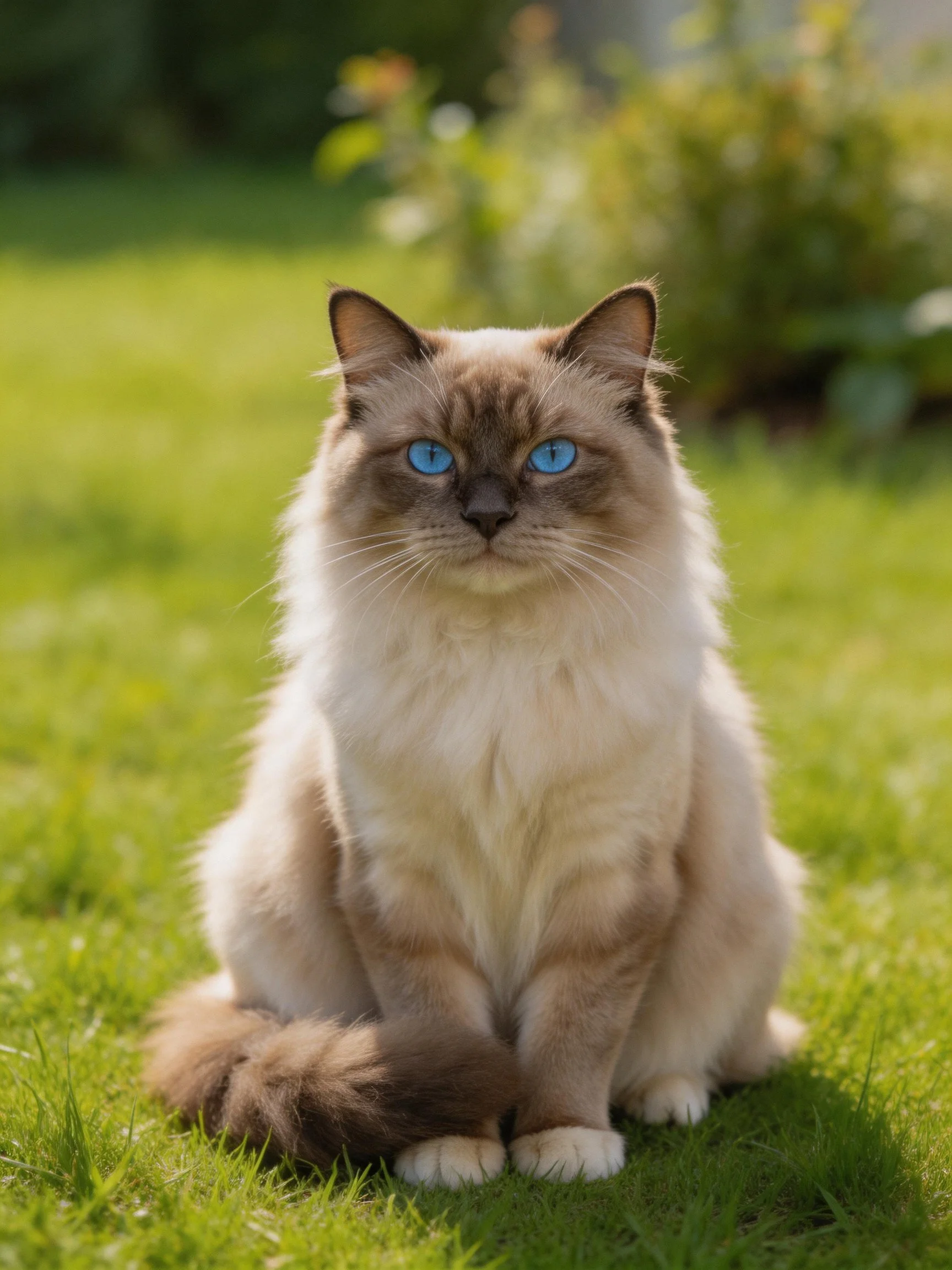A cream - colored long - haired cat with blue eyes sits on green grass