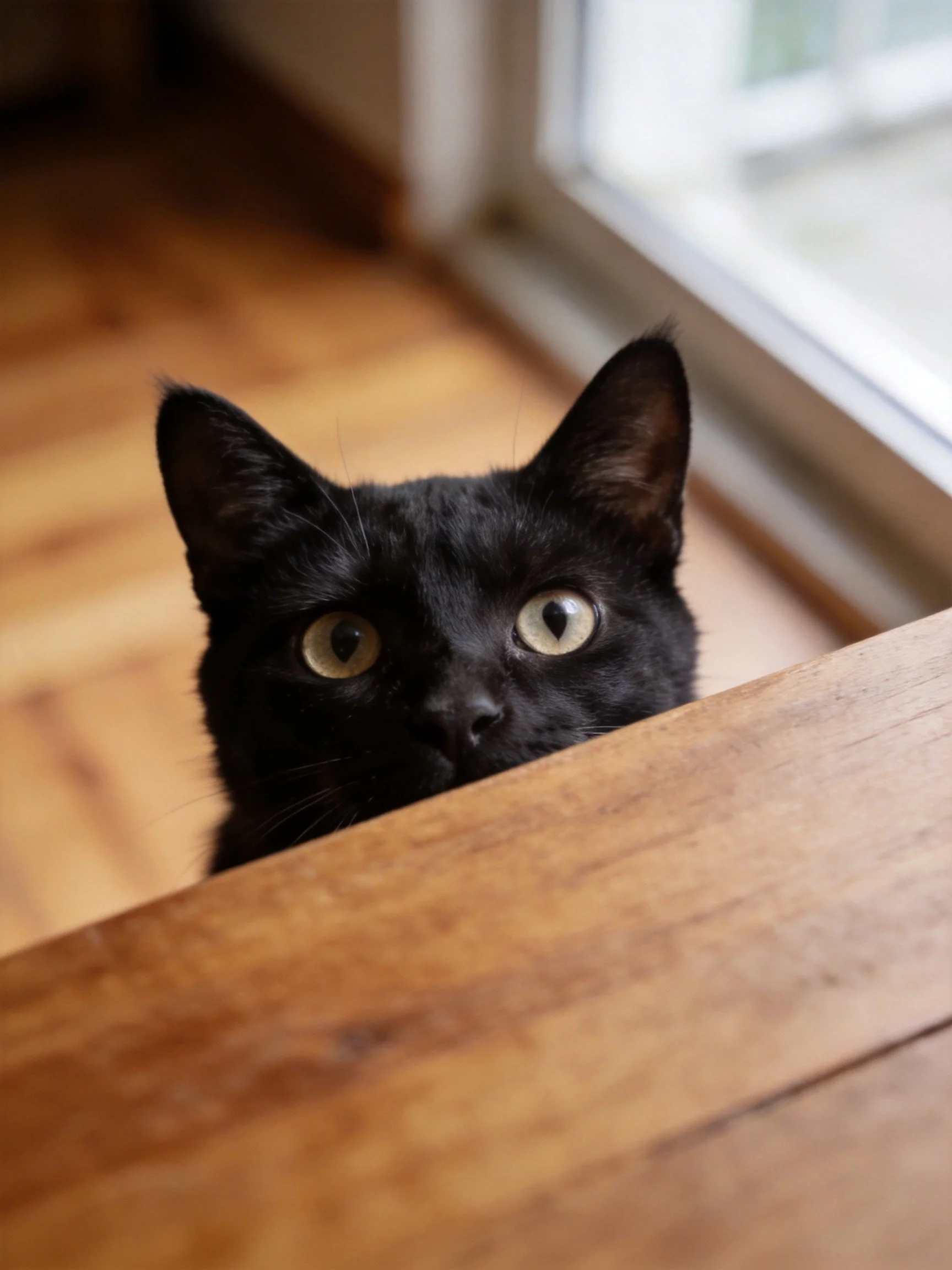 A curious black cat peeks over a wooden surface by a bright window