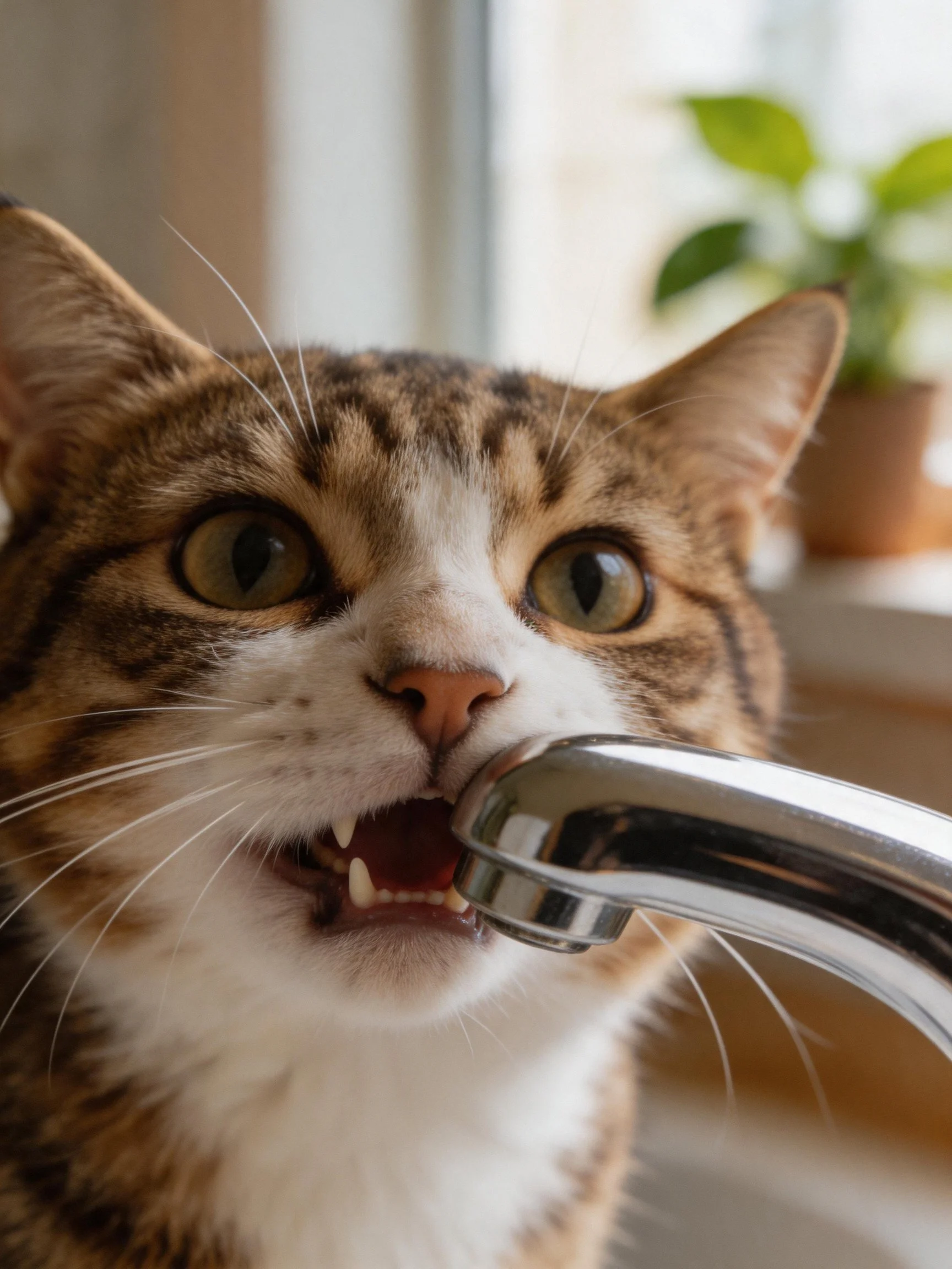 A curious brown and white tabby cat biting a metallic faucet