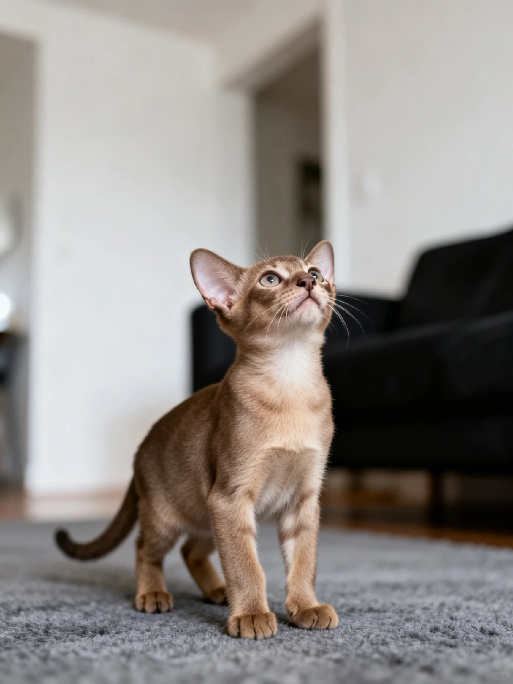 A curious brown kitten on gray carpet in modern living room