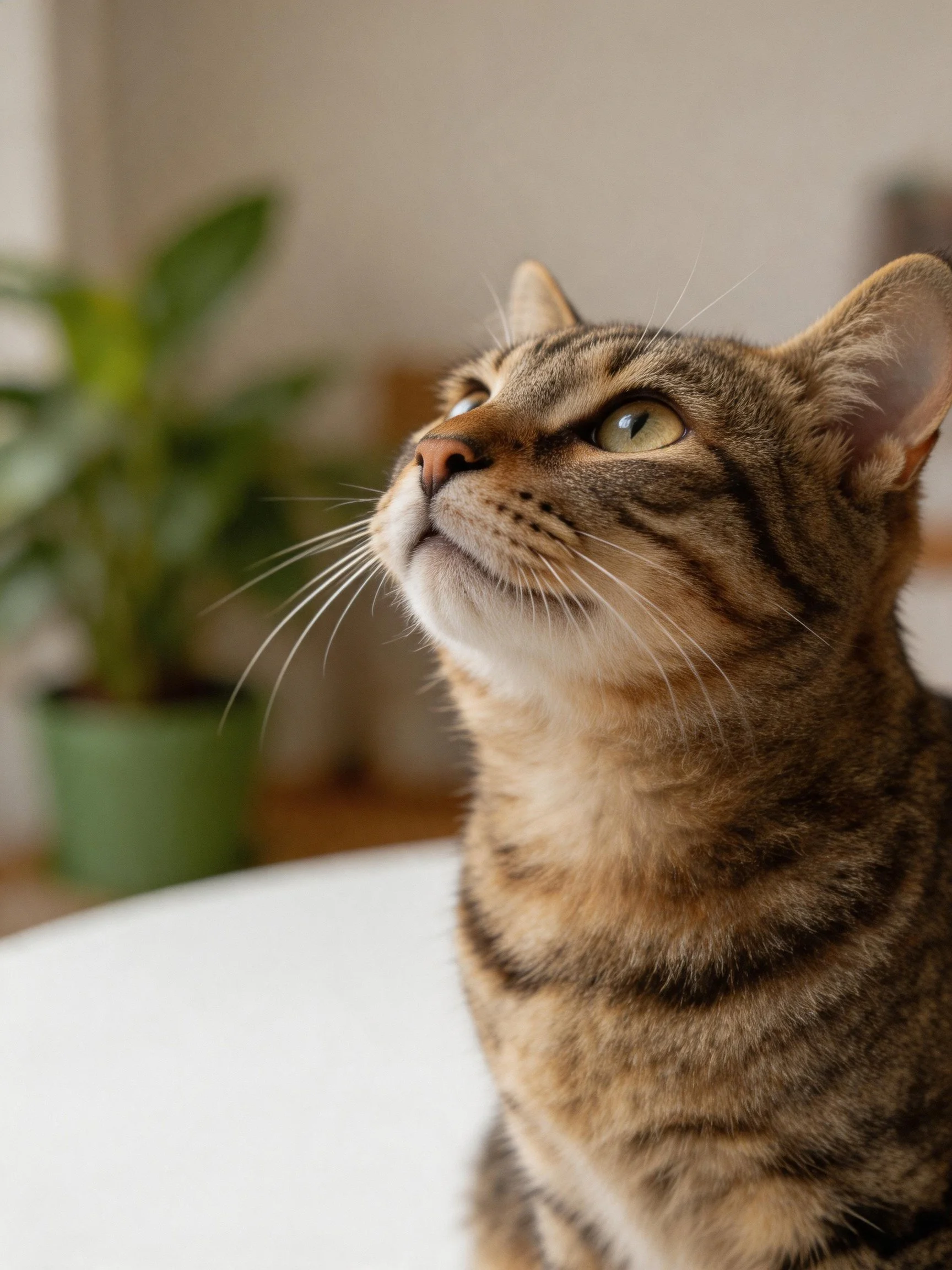 A curious brown tabby cat gazes upward beside a green potted plant