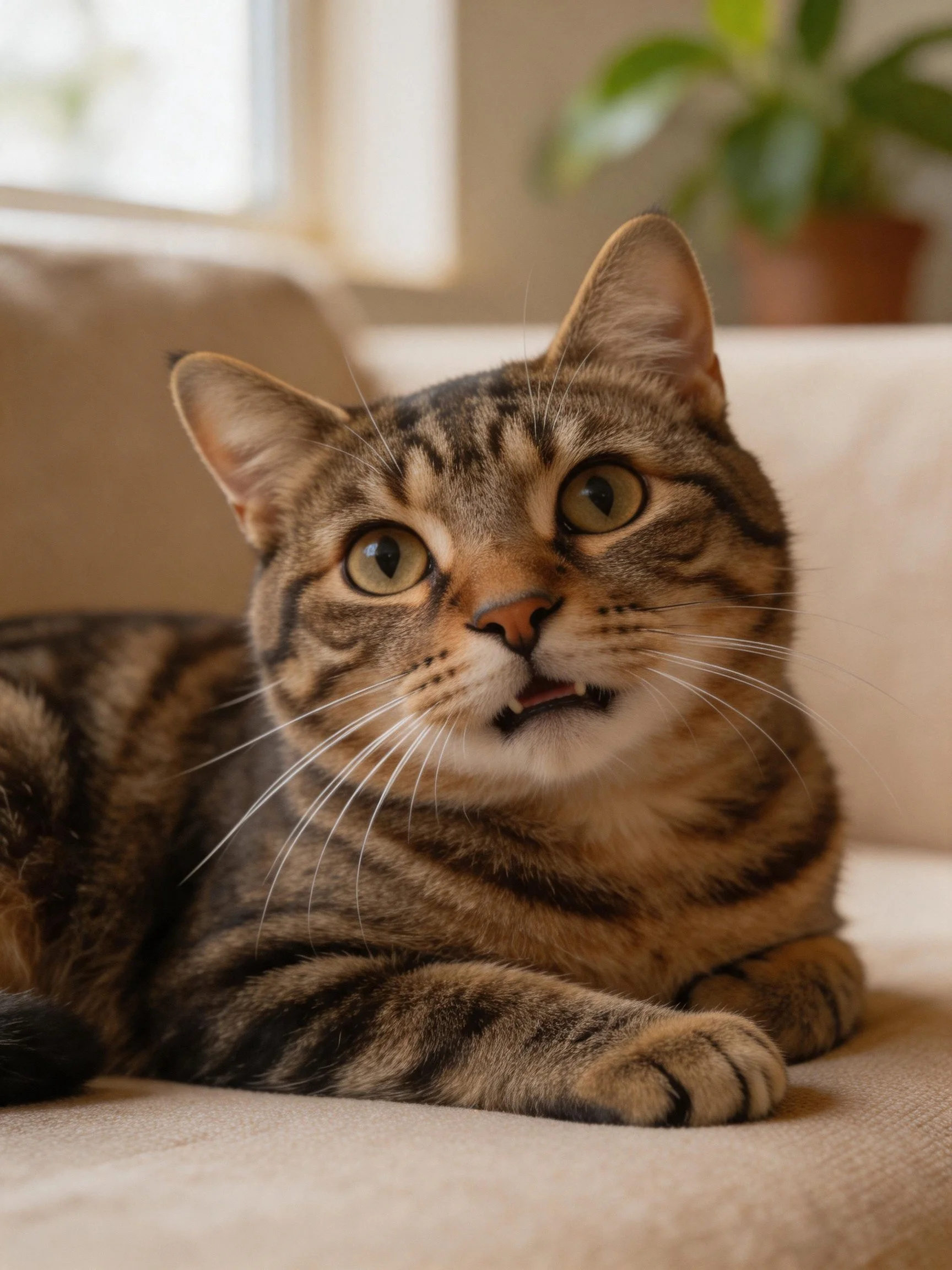 A curious brown tabby cat resting on a beige sofa