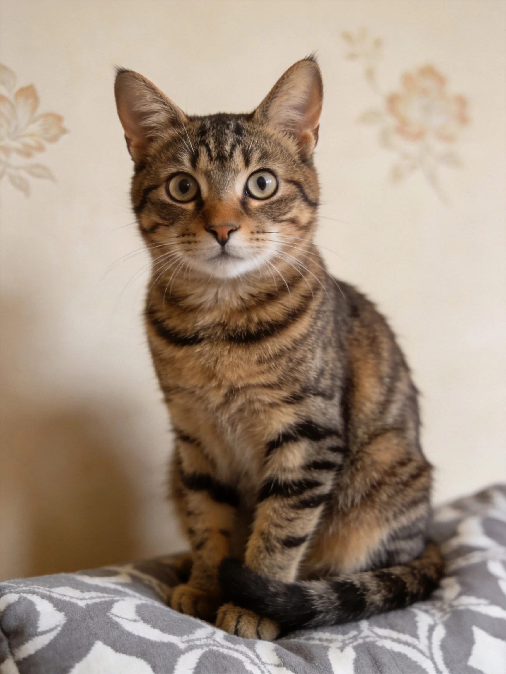 A curious brown tabby cat sits on a cushion with a floral backdrop.