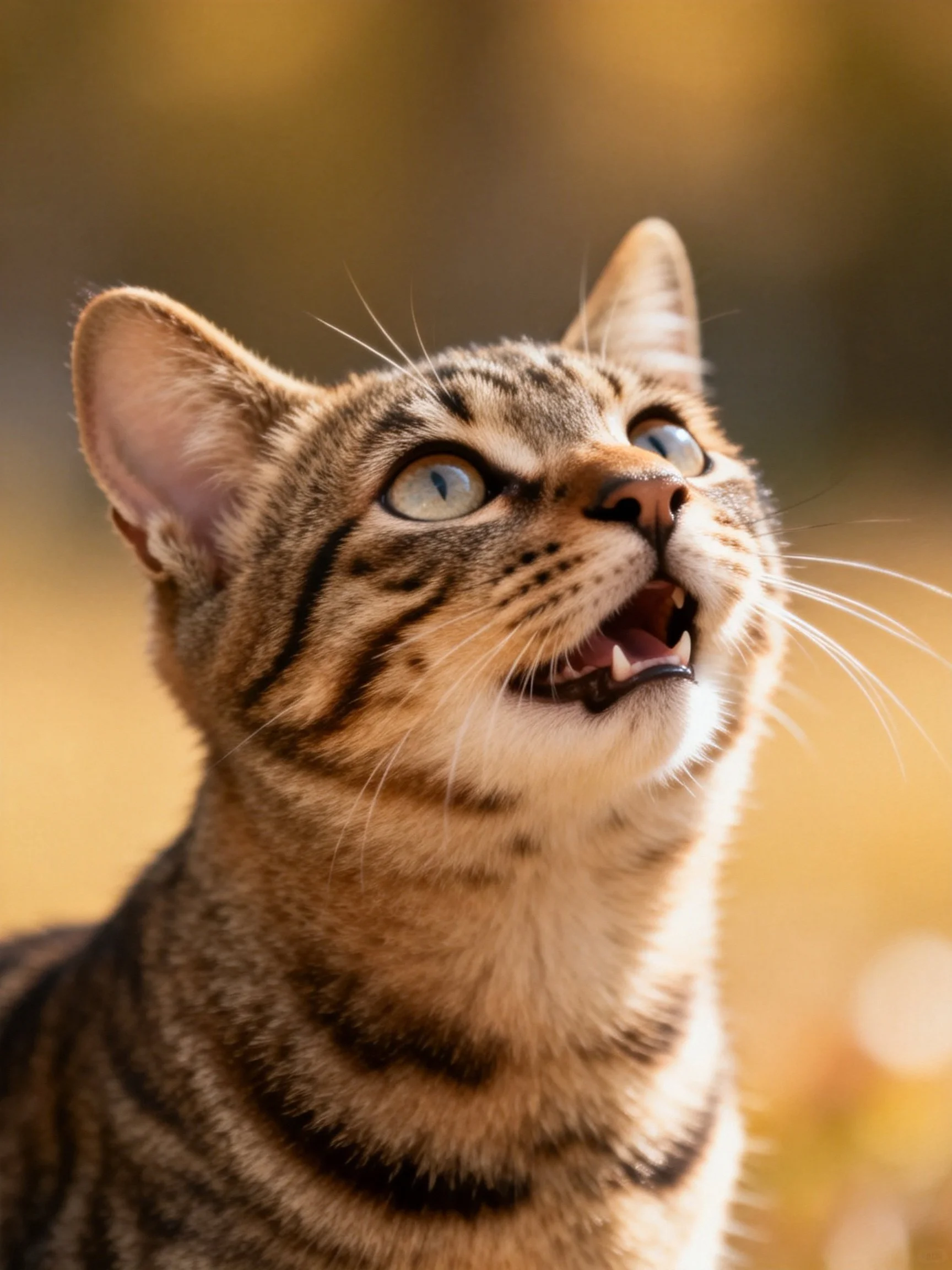 A curious brown tabby cat with bright blue eyes gazing upward