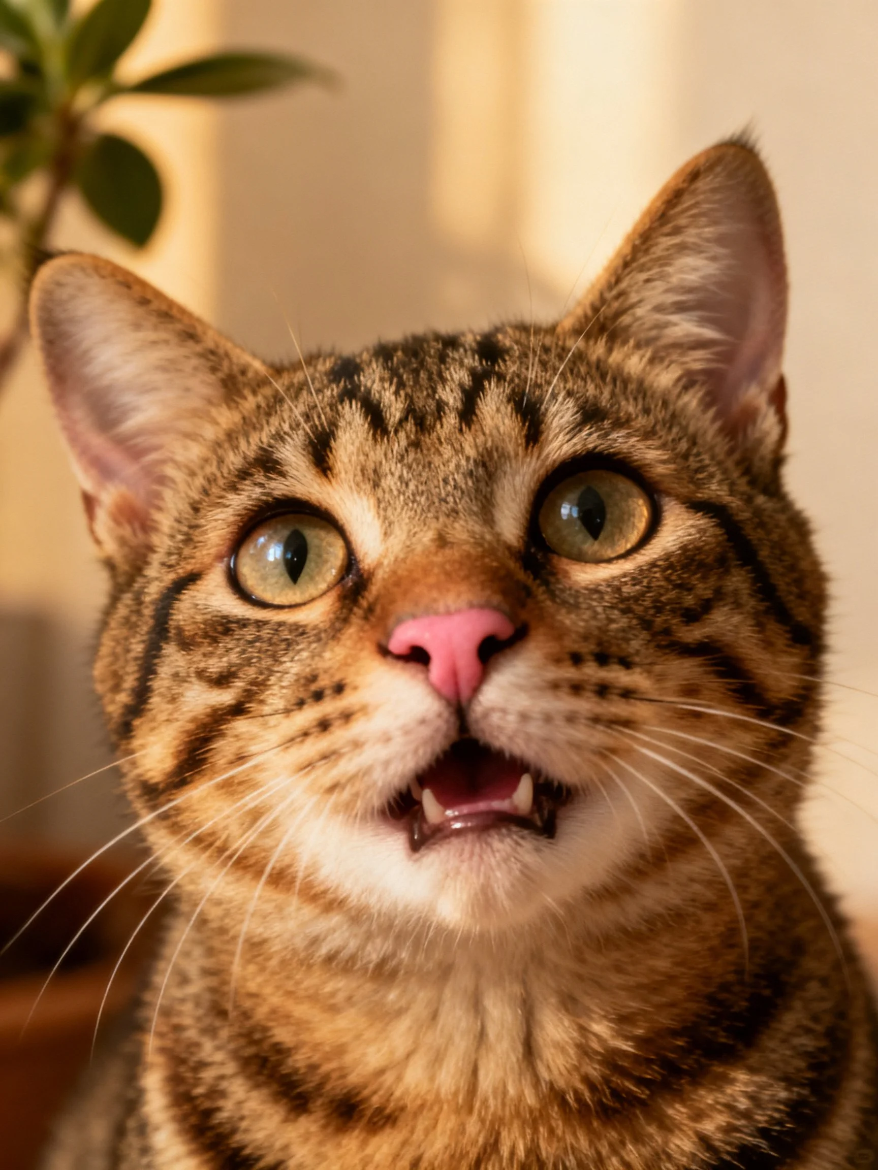 A curious brown tabby cat gazes upward with wide eyes.