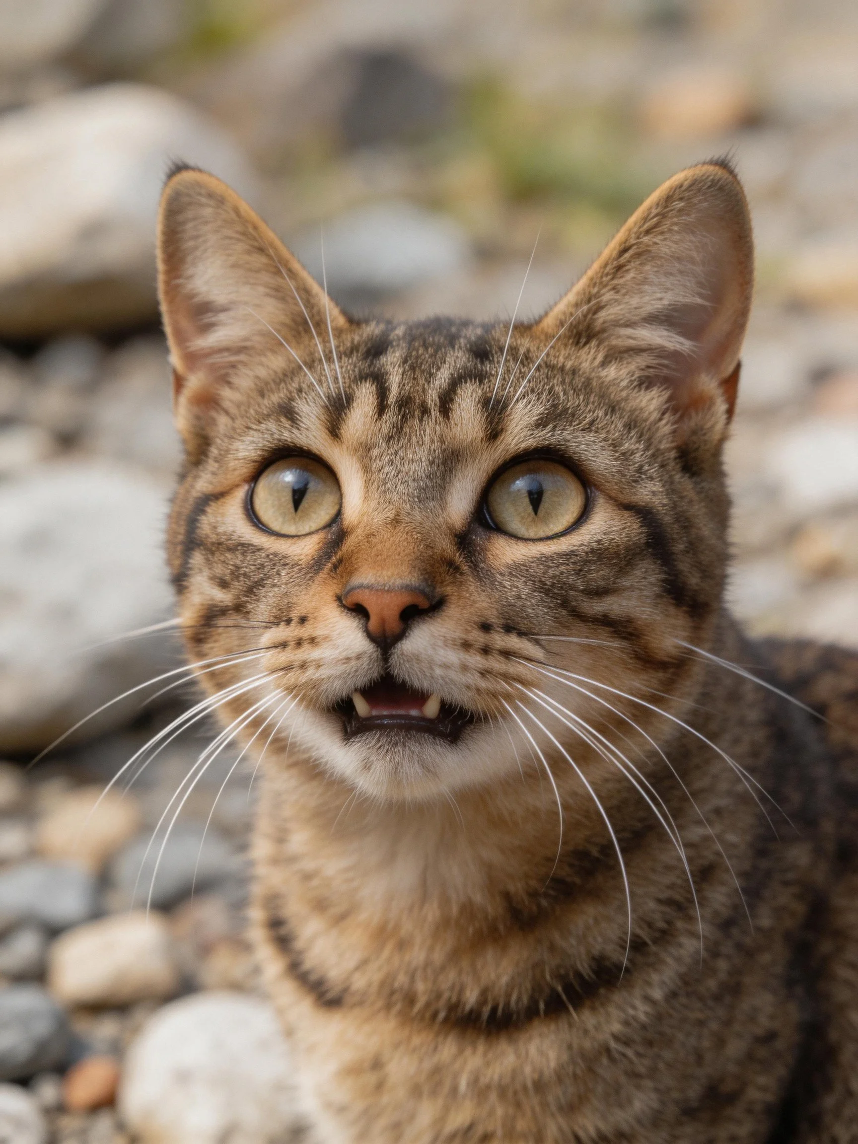 A curious brown tabby cat gazes upward with wide eyes near scattered rocks.
