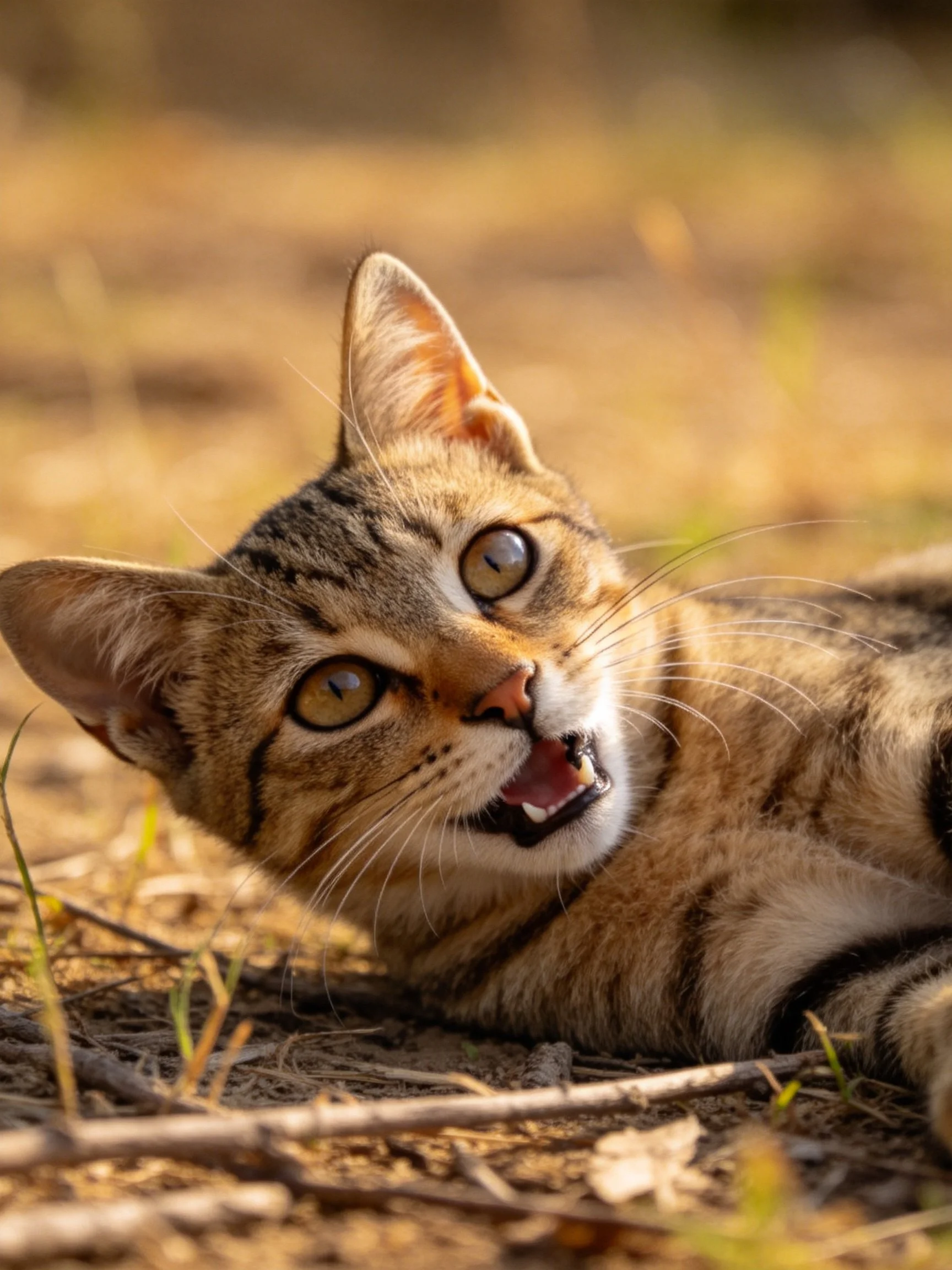 A curious brown tabby kitten lying on dry ground with wide eyes