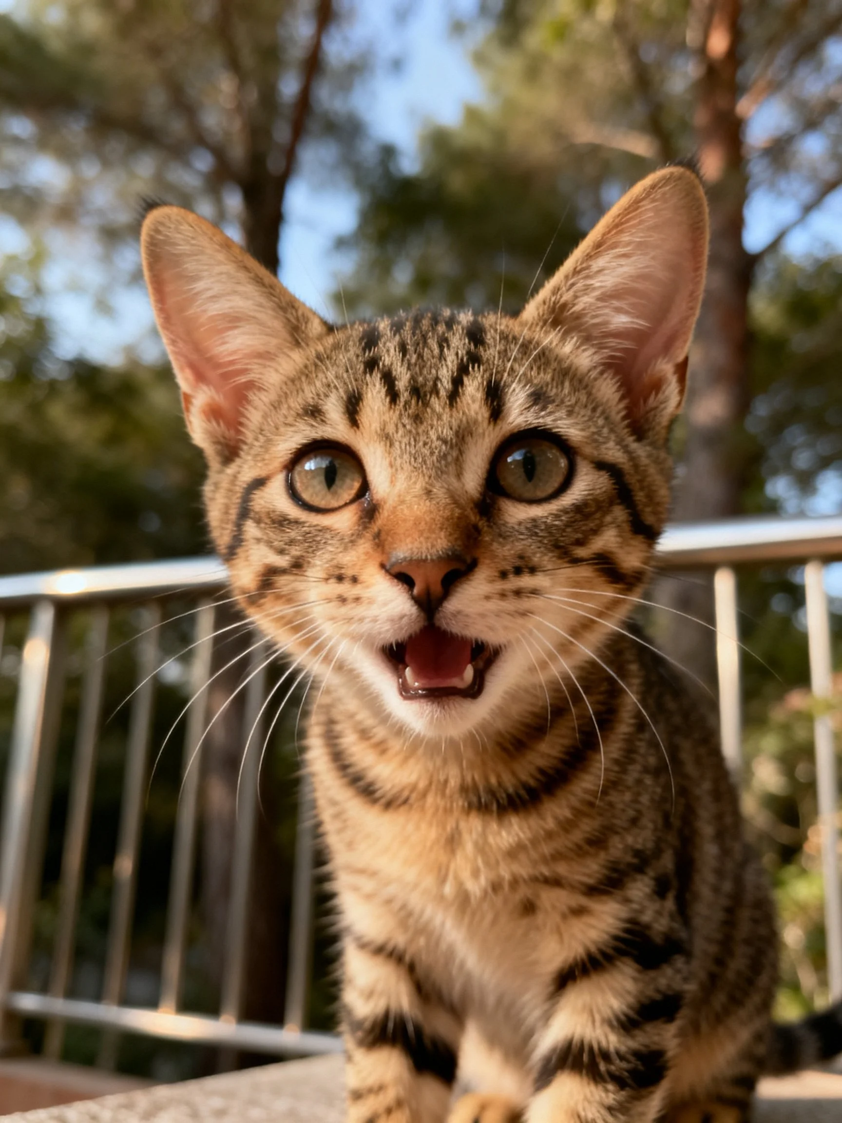 A curious brown tabby kitten with wide eyes near a metal railing