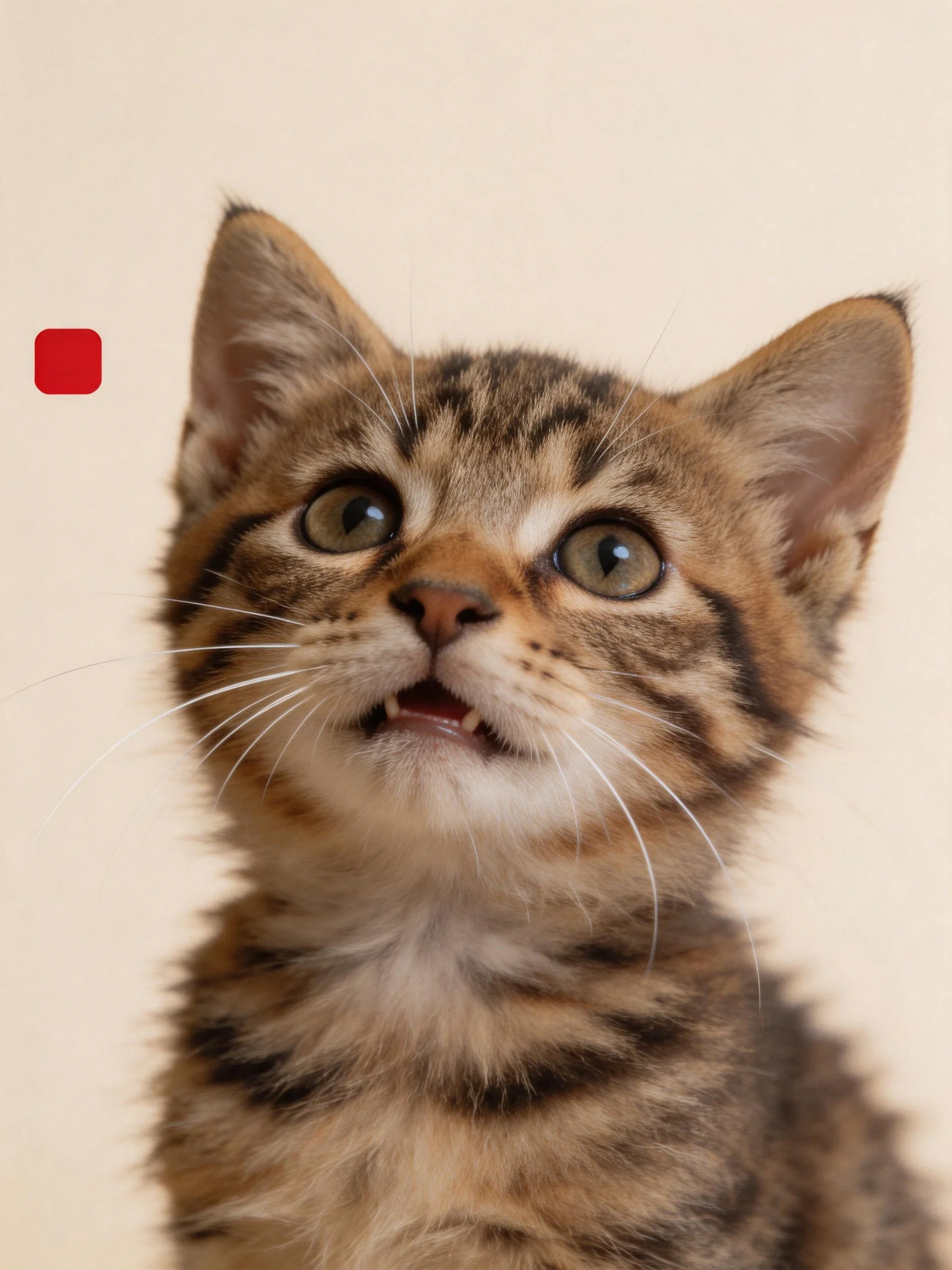 A curious brown tabby kitten looks upward with wide eyes on a plain backdrop.