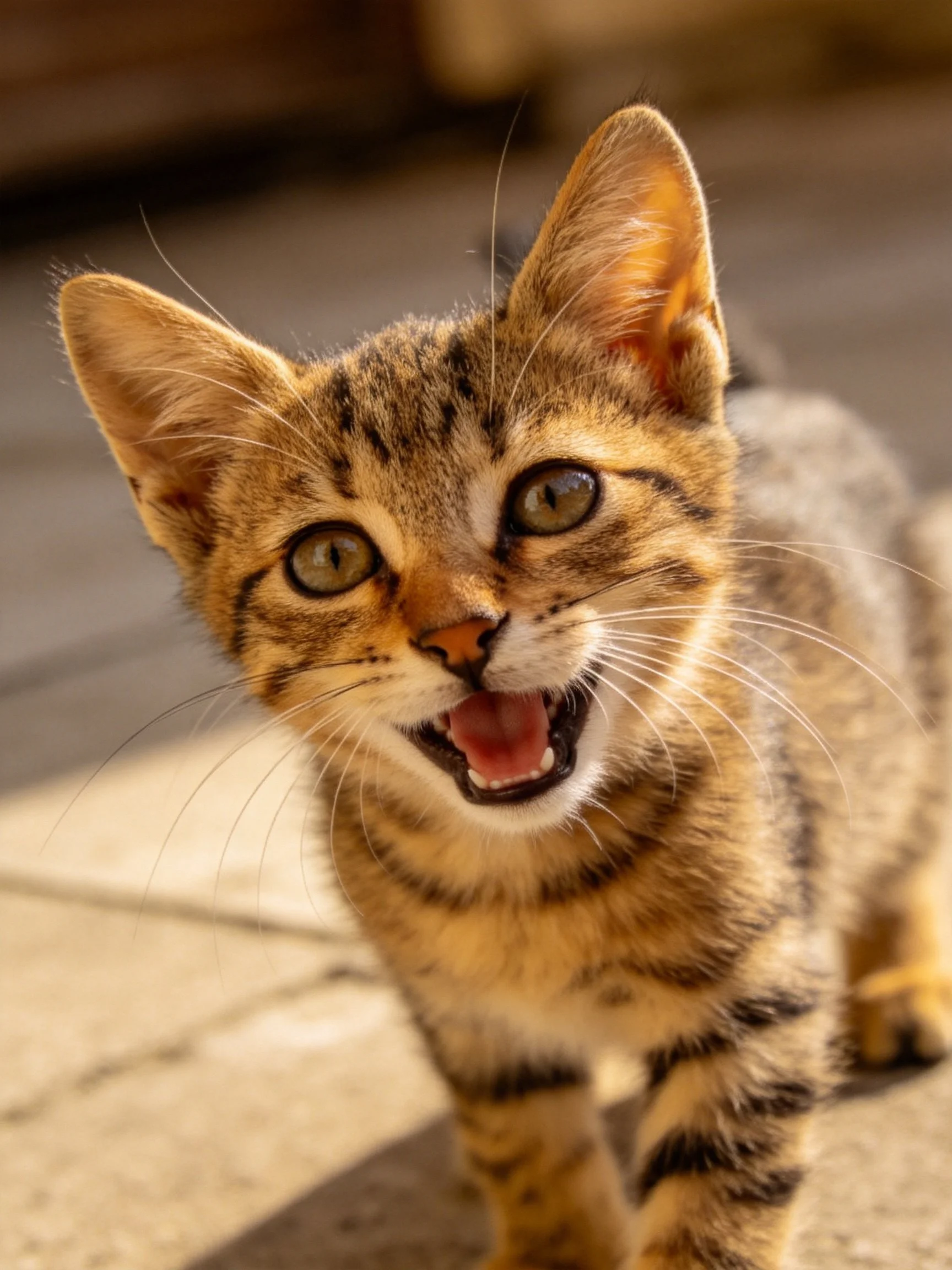 A curious brown tabby kitten with an open mouth stands outdoors.
