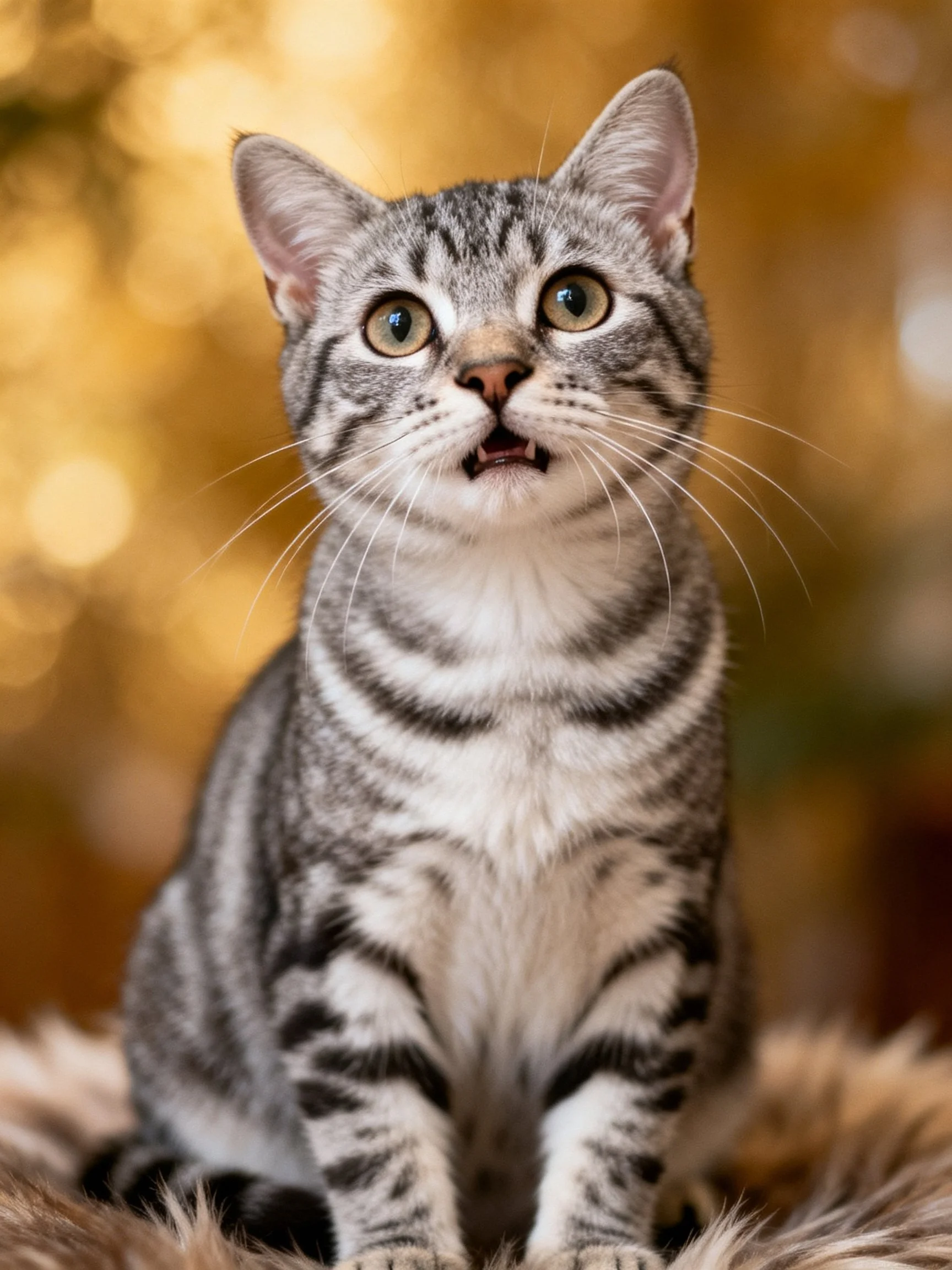 A gray tabby kitten gazes upward with wide eyes in a warmly lit environment.