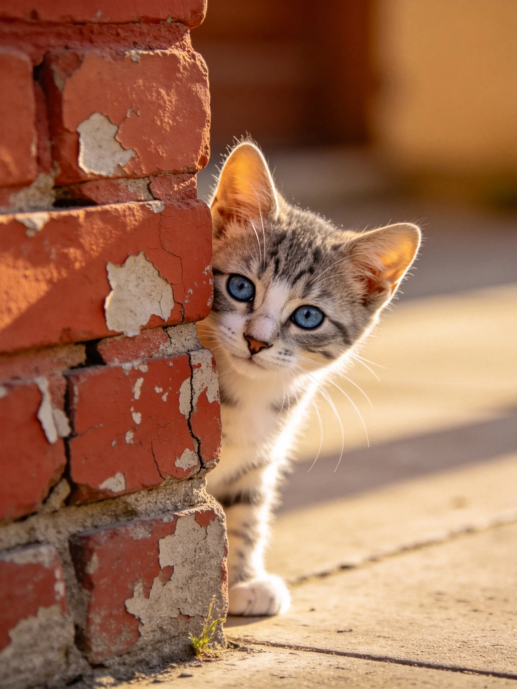 A curious kitten with bright blue eyes peeks from behind an aged brick wall