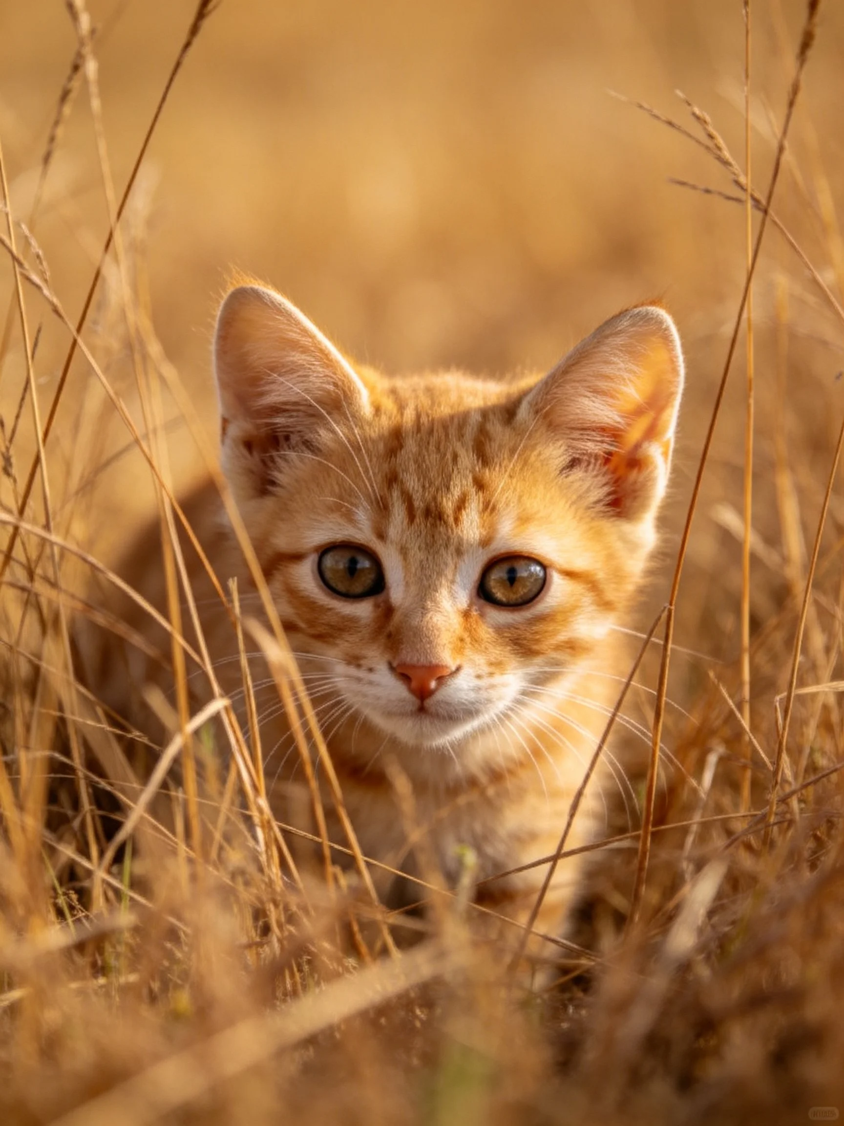 An orange kitten peeks from tall golden grass