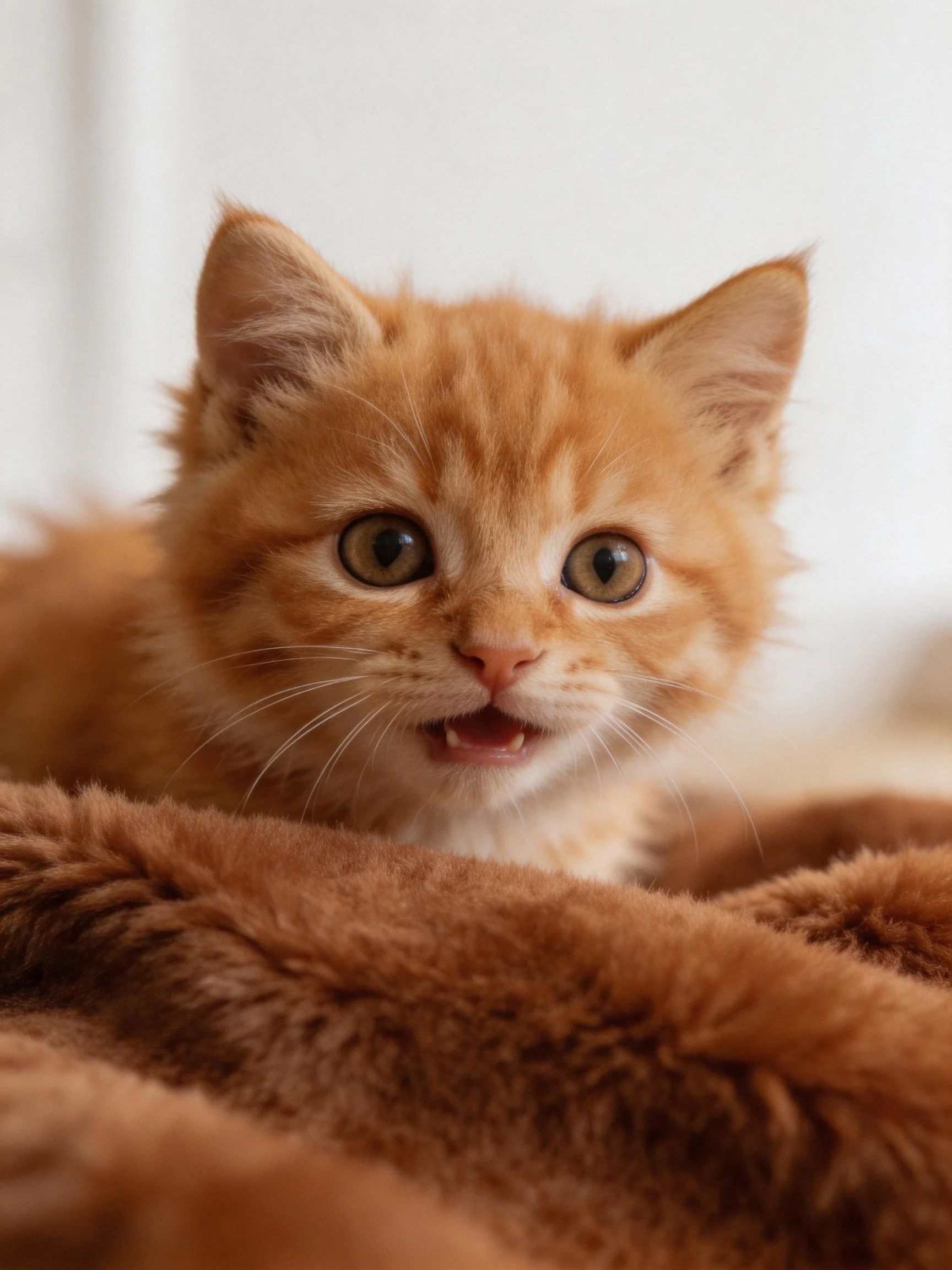 An orange kitten sits curiously on a soft brown blanket.