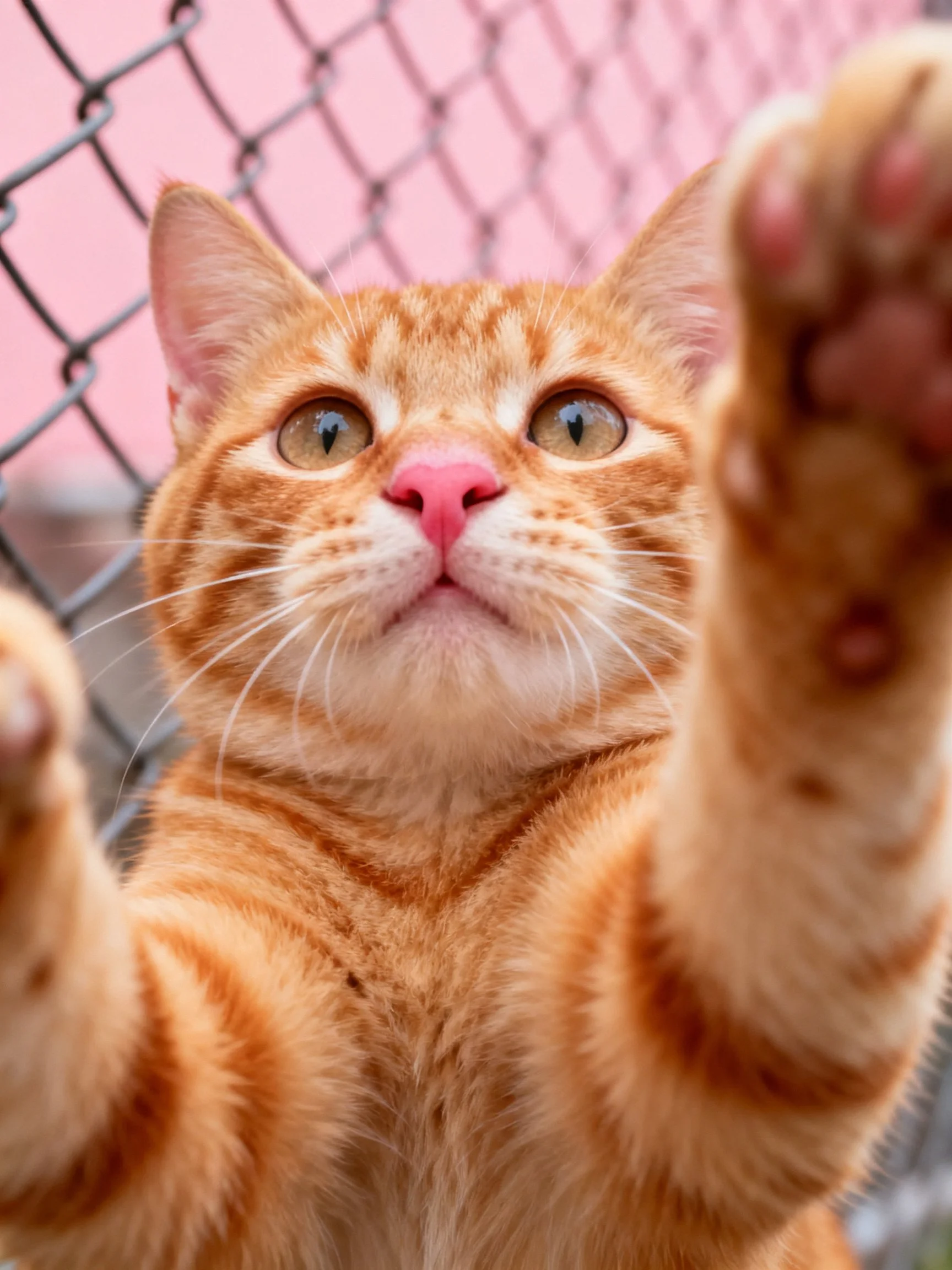 A curious orange tabby cat reaching toward the camera near a chain-link fence