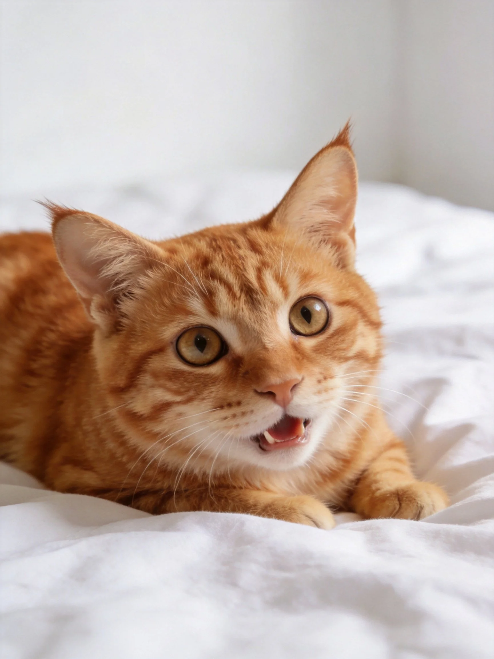 An orange tabby cat with wide eyes rests on white bedding, appearing curious.