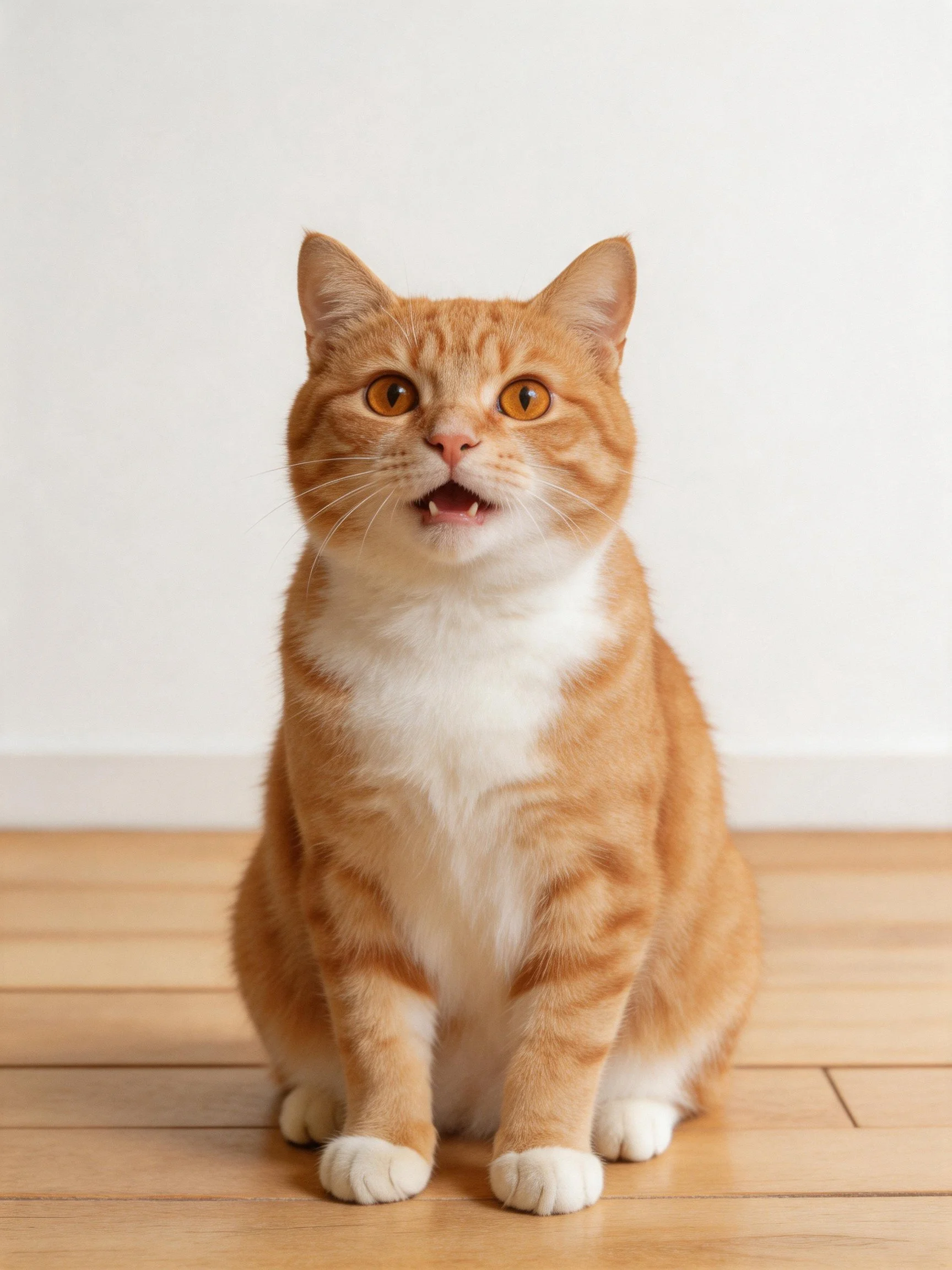 The orange tabby cat sits on a wooden floor with wide eyes.