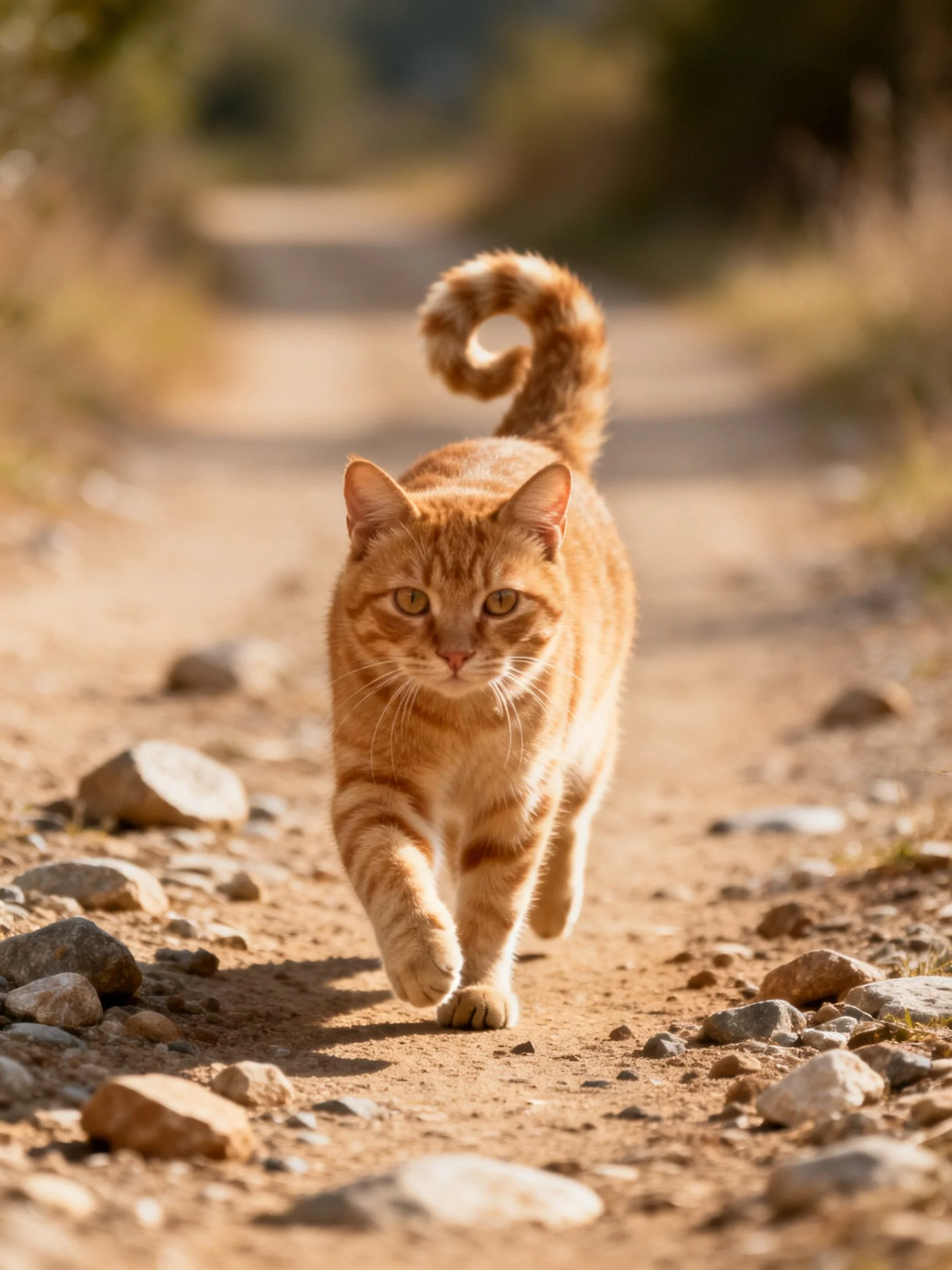 A curious orange tabby cat walks along a rocky dirt path