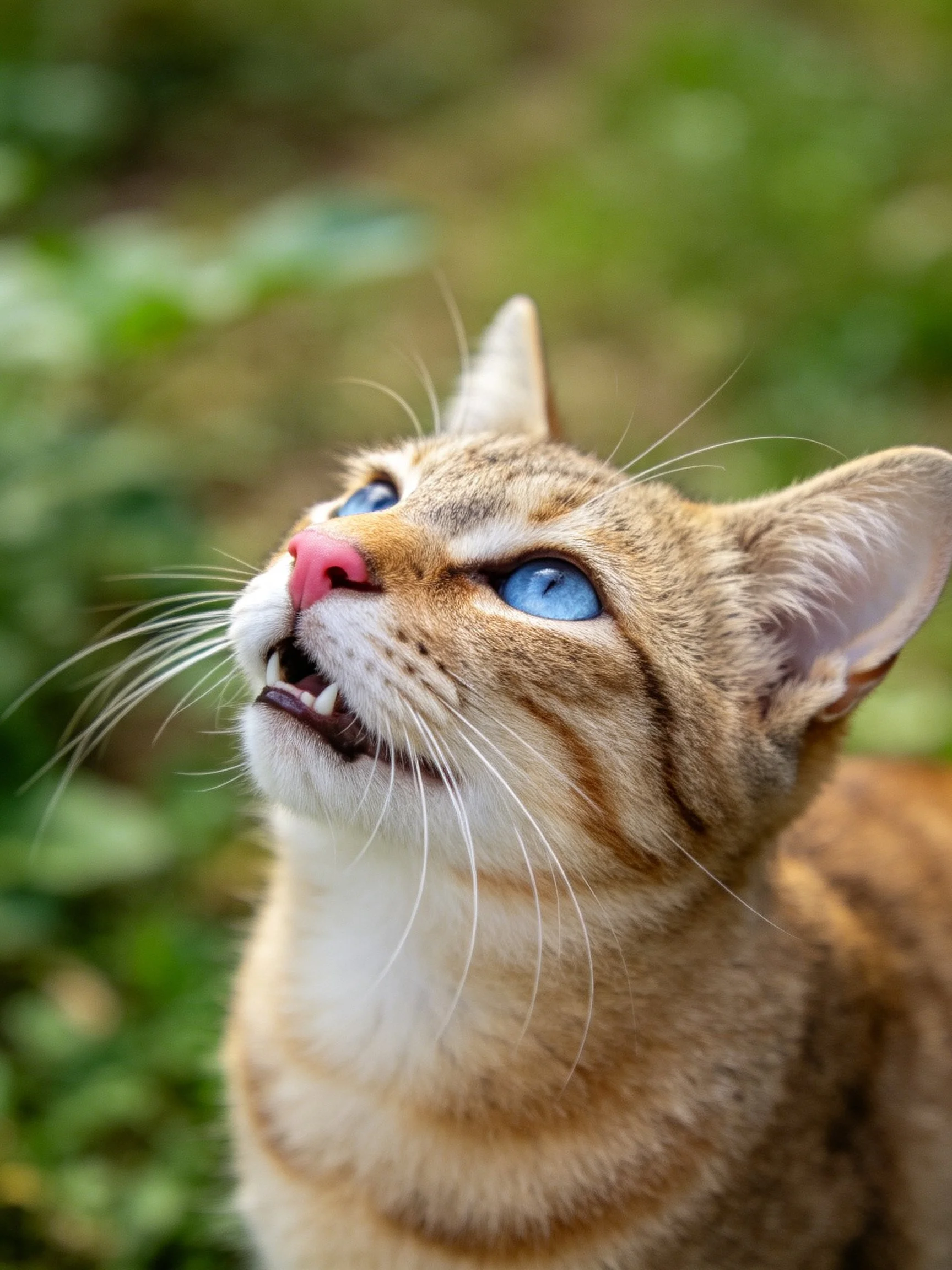A curious orange tabby cat with bright blue eyes gazing upward