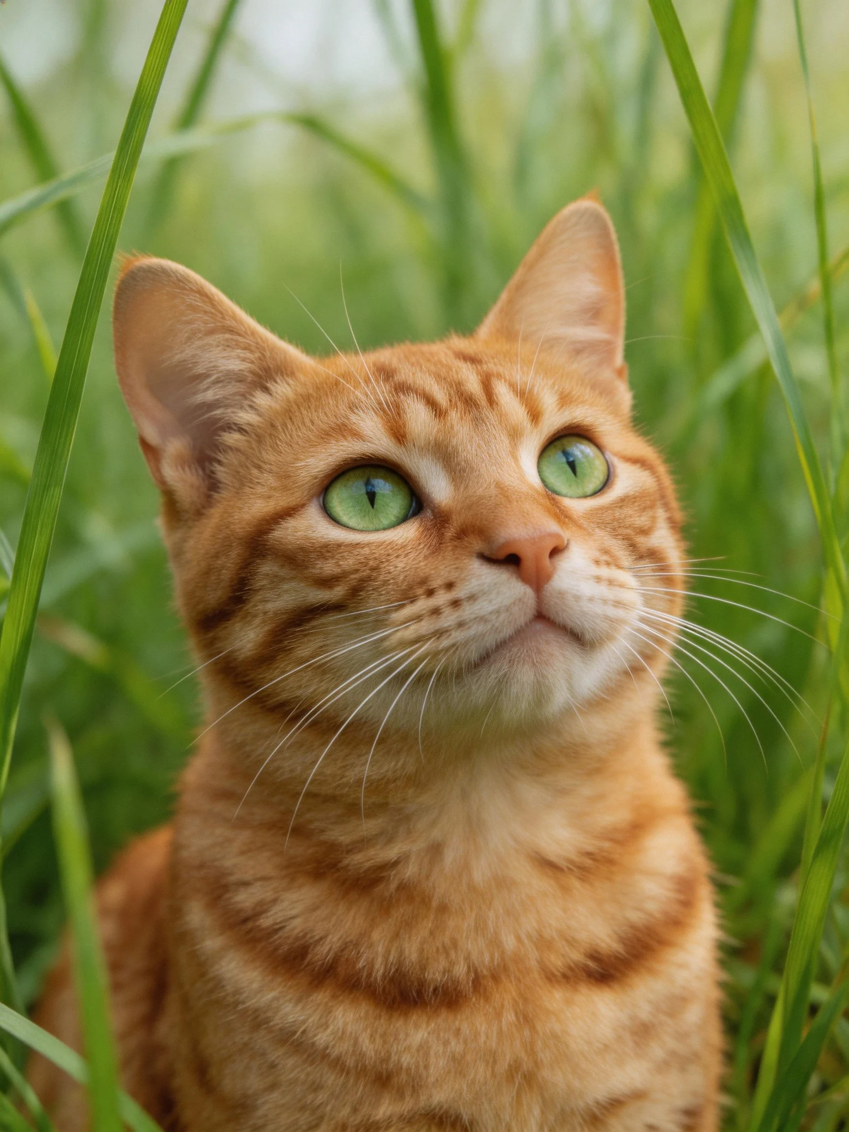 An orange tabby cat with green eyes looks upward amid tall grass.