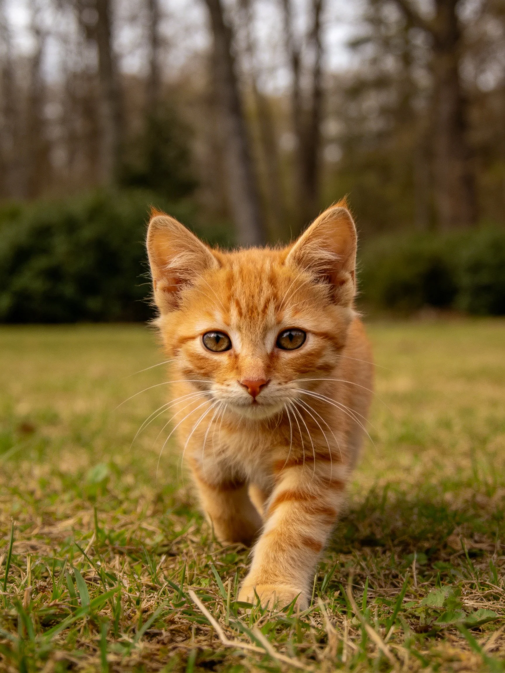 An orange tabby kitten walks toward the viewer on green grass in an outdoor area.