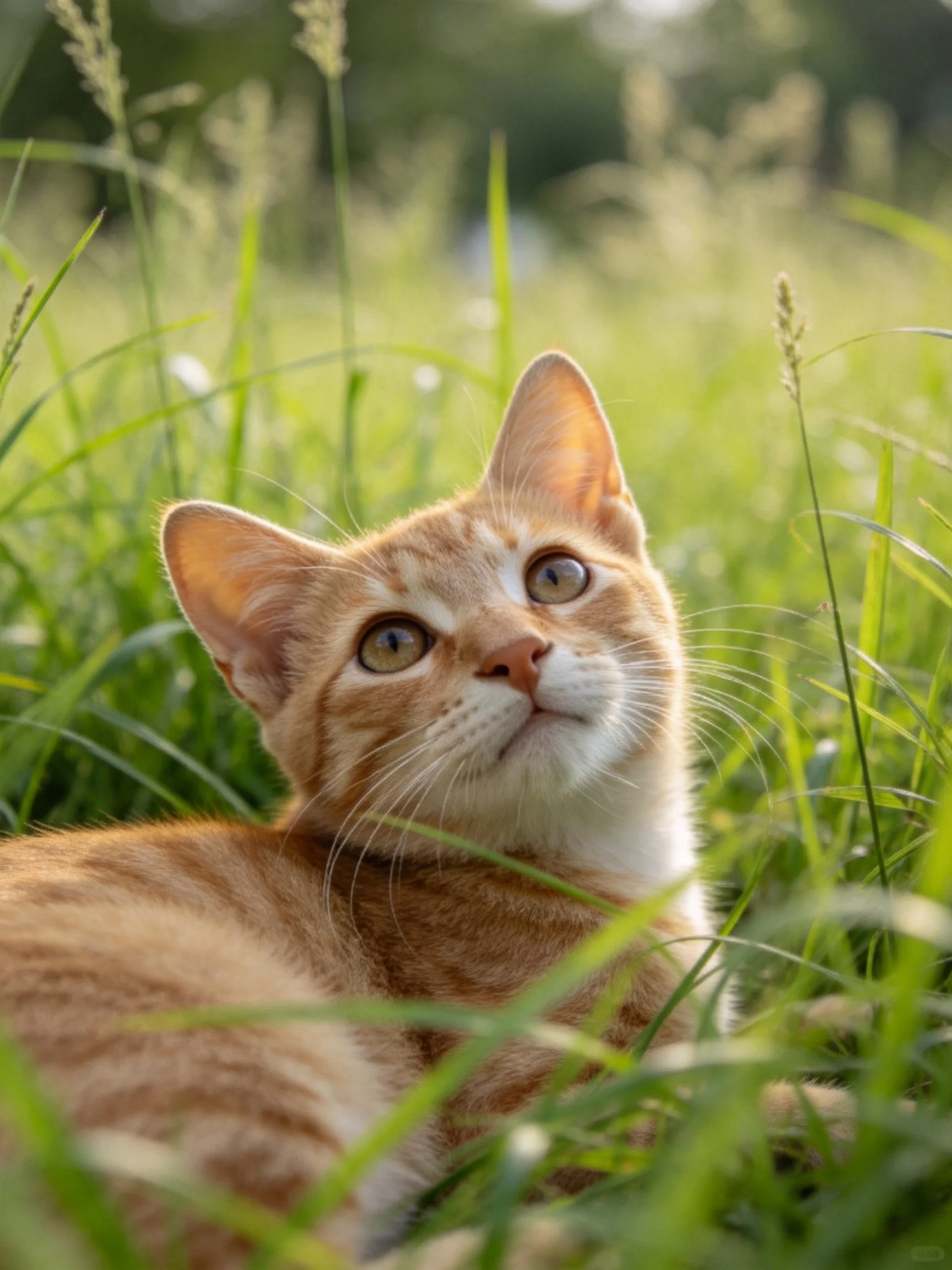 An orange tabby kitten gazes upward amid lush green grass.