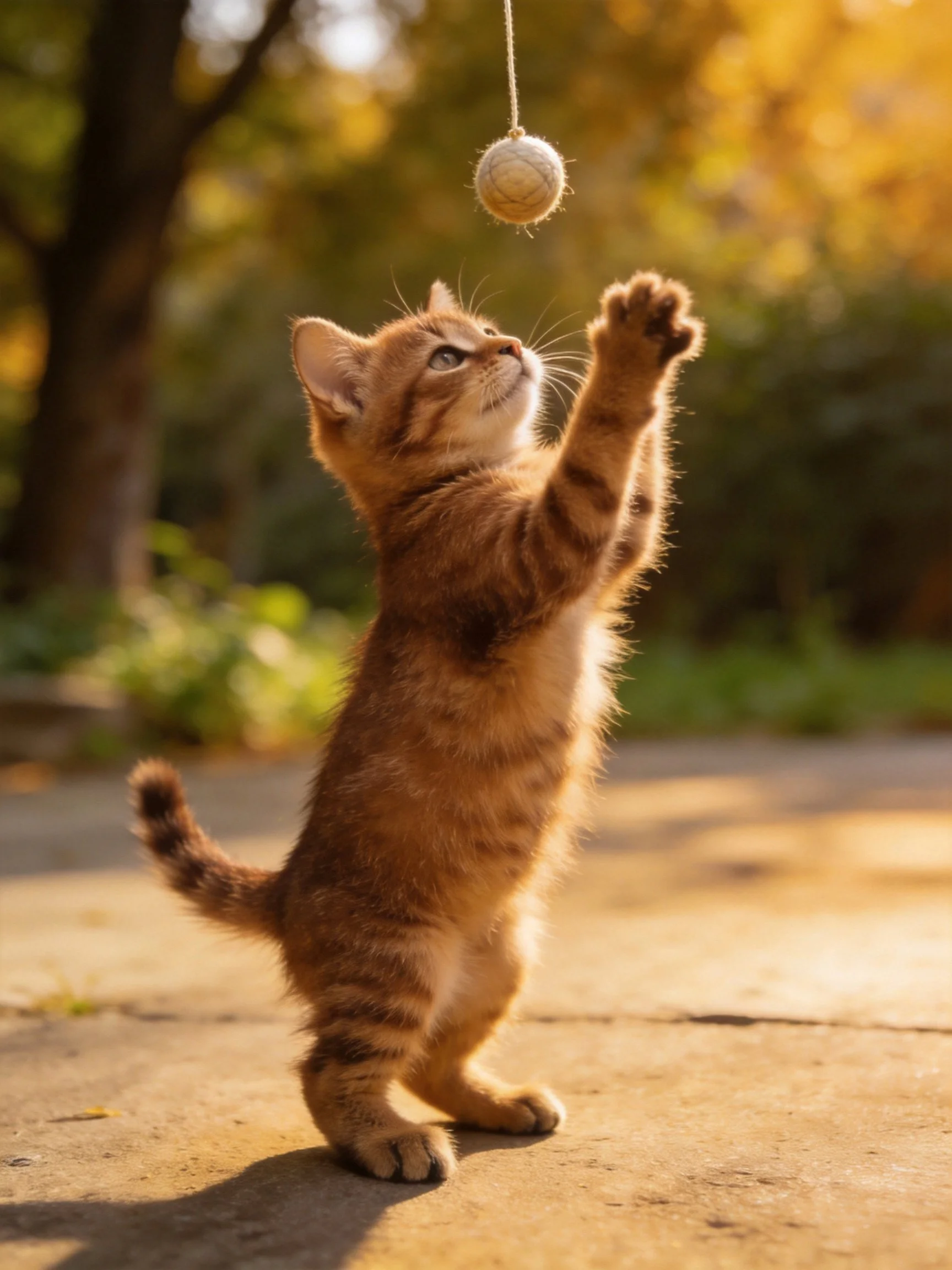 A curious orange tabby kitten reaches for a hanging ball outdoors