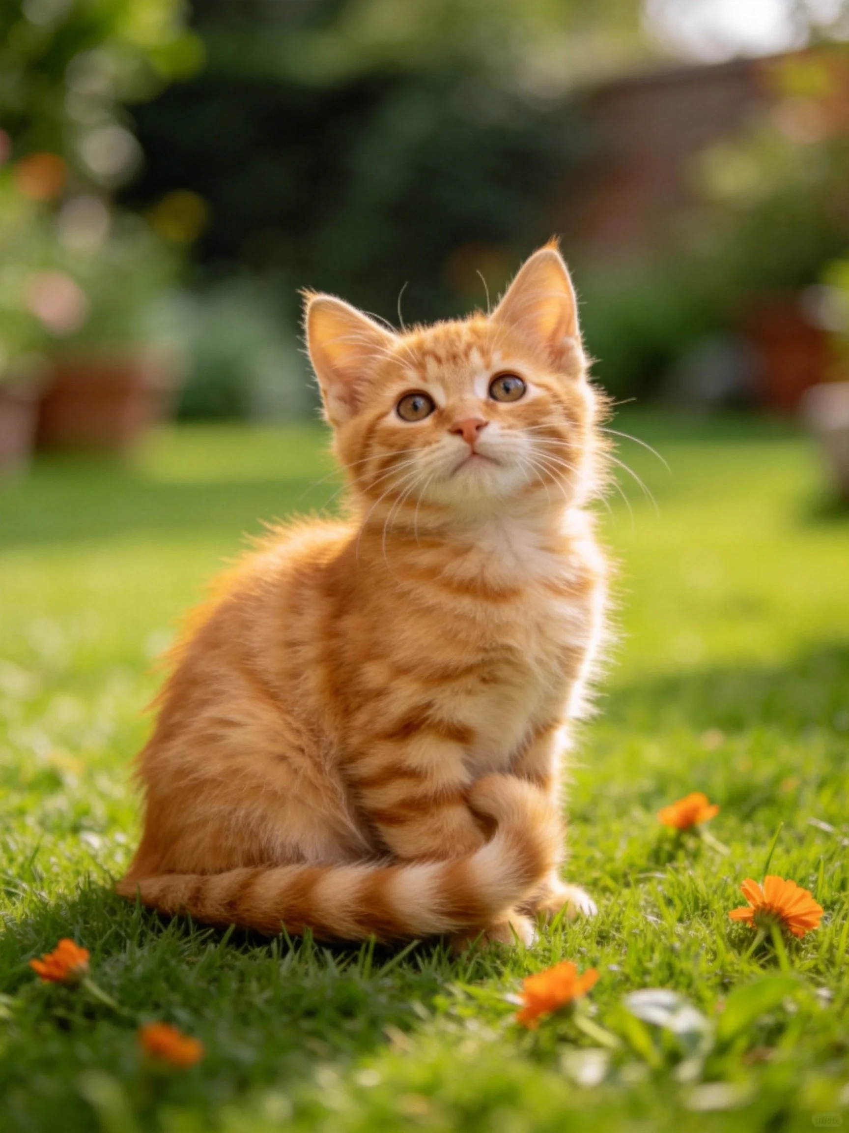 An orange tabby kitten sits on green grass among small orange flowers.