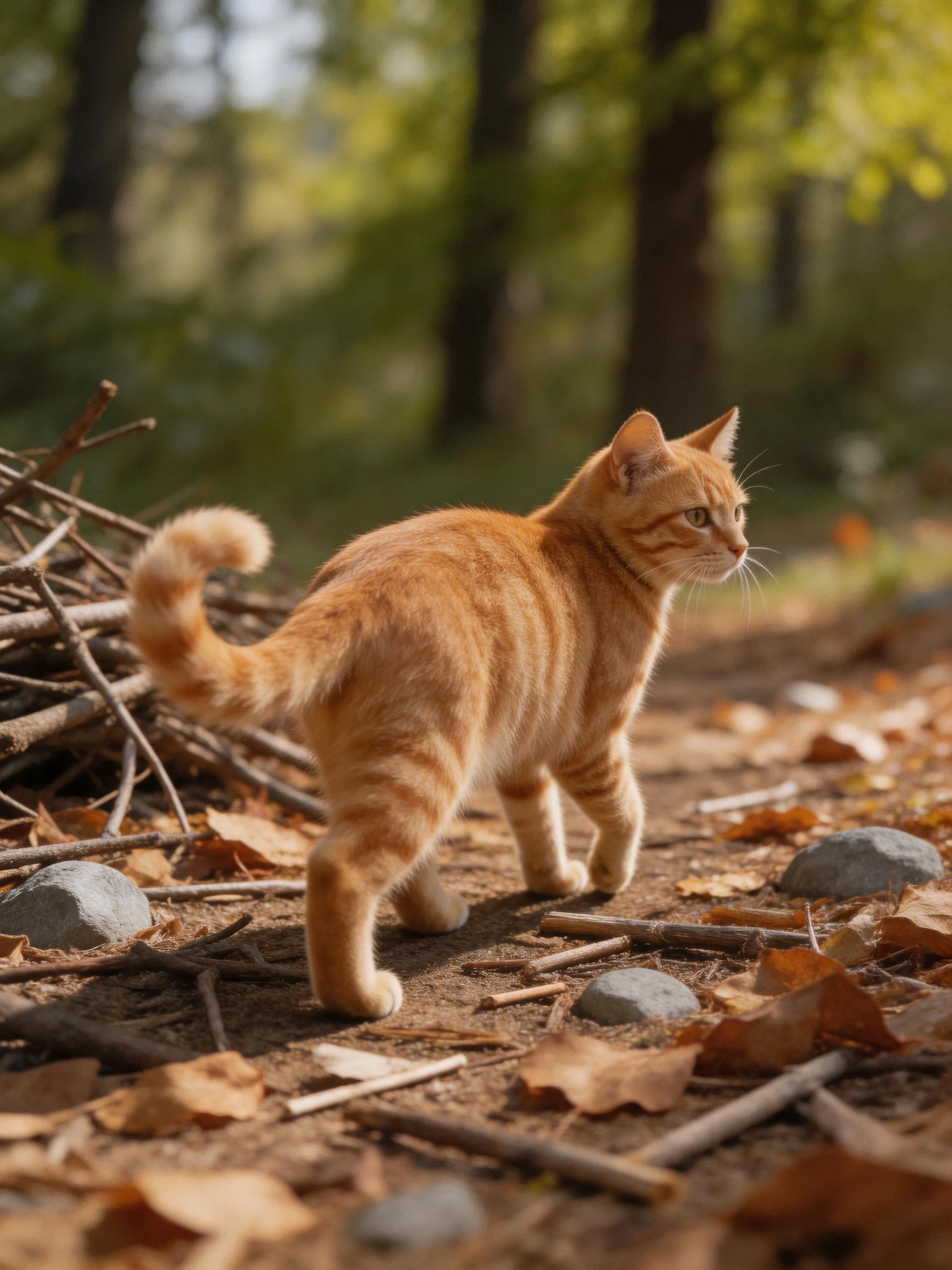 An orange tabby cat explores a forest path with leaves and twigs.