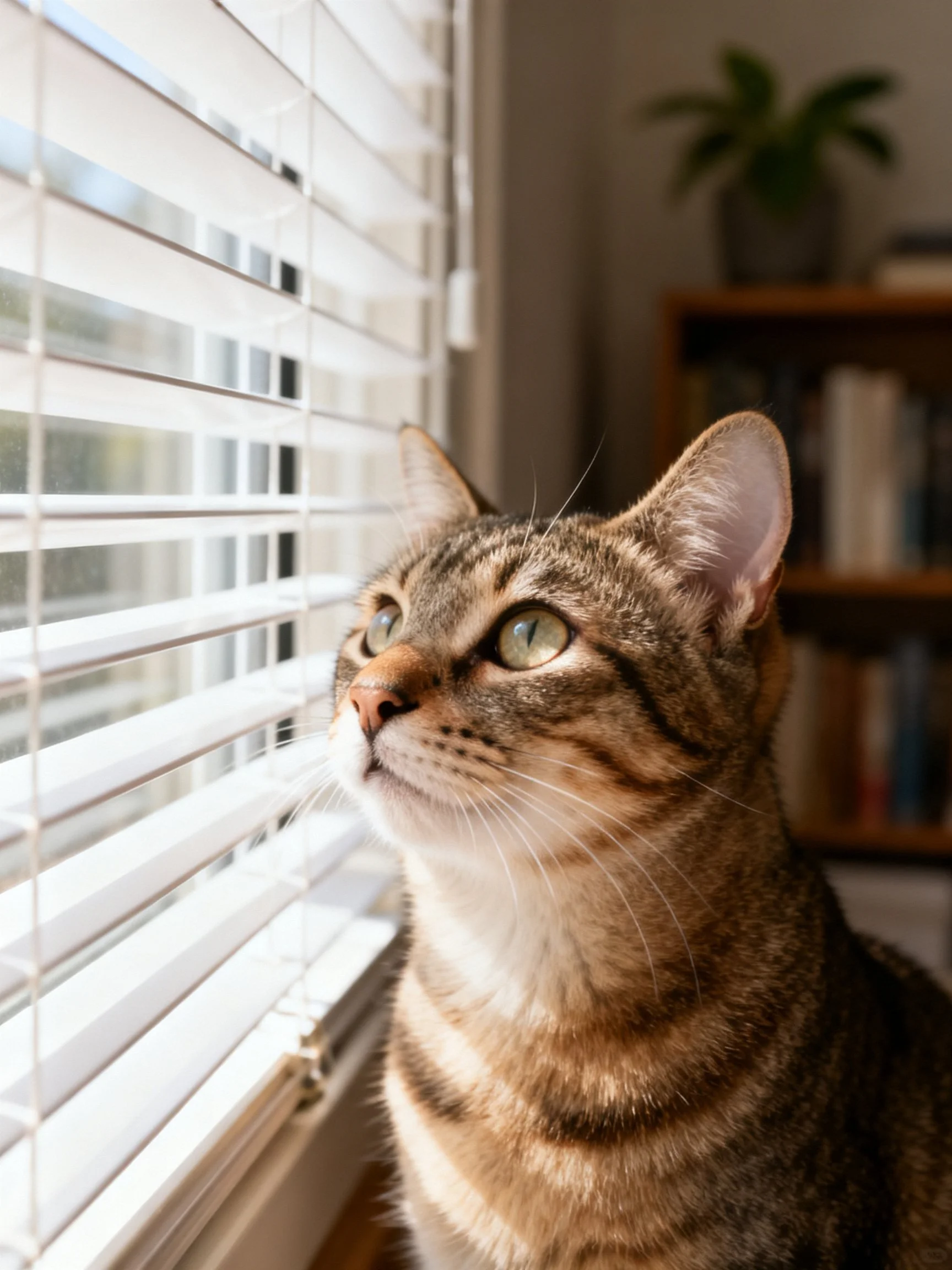 A curious tabby cat gazes through white window blinds near a wooden bookshelf