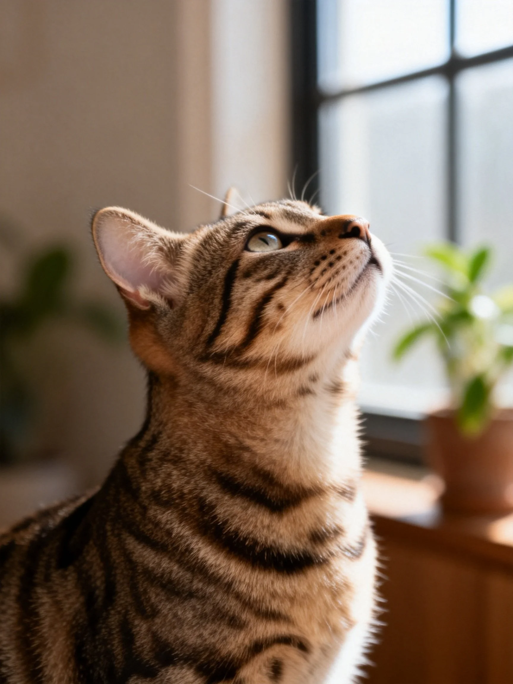 A curious tabby cat gazes upward near a sunlit window