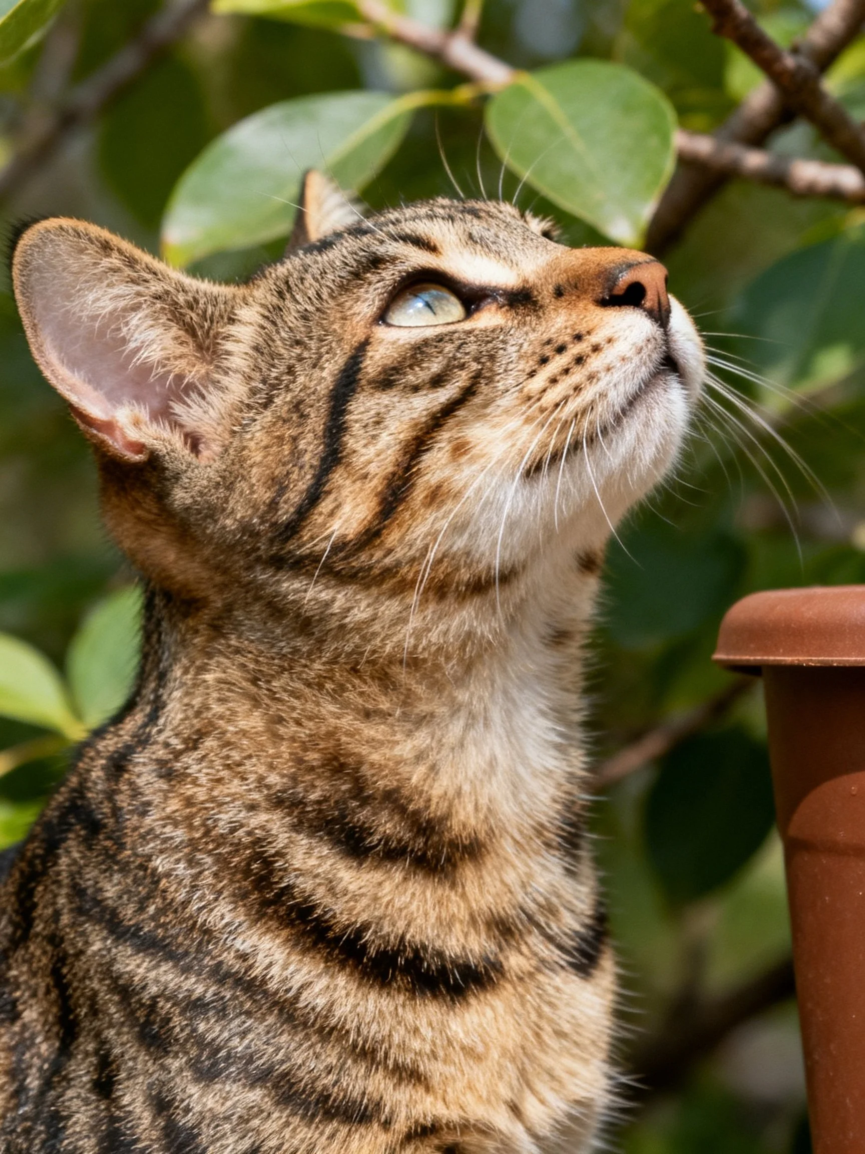A curious tabby cat gazes upward near lush green foliage